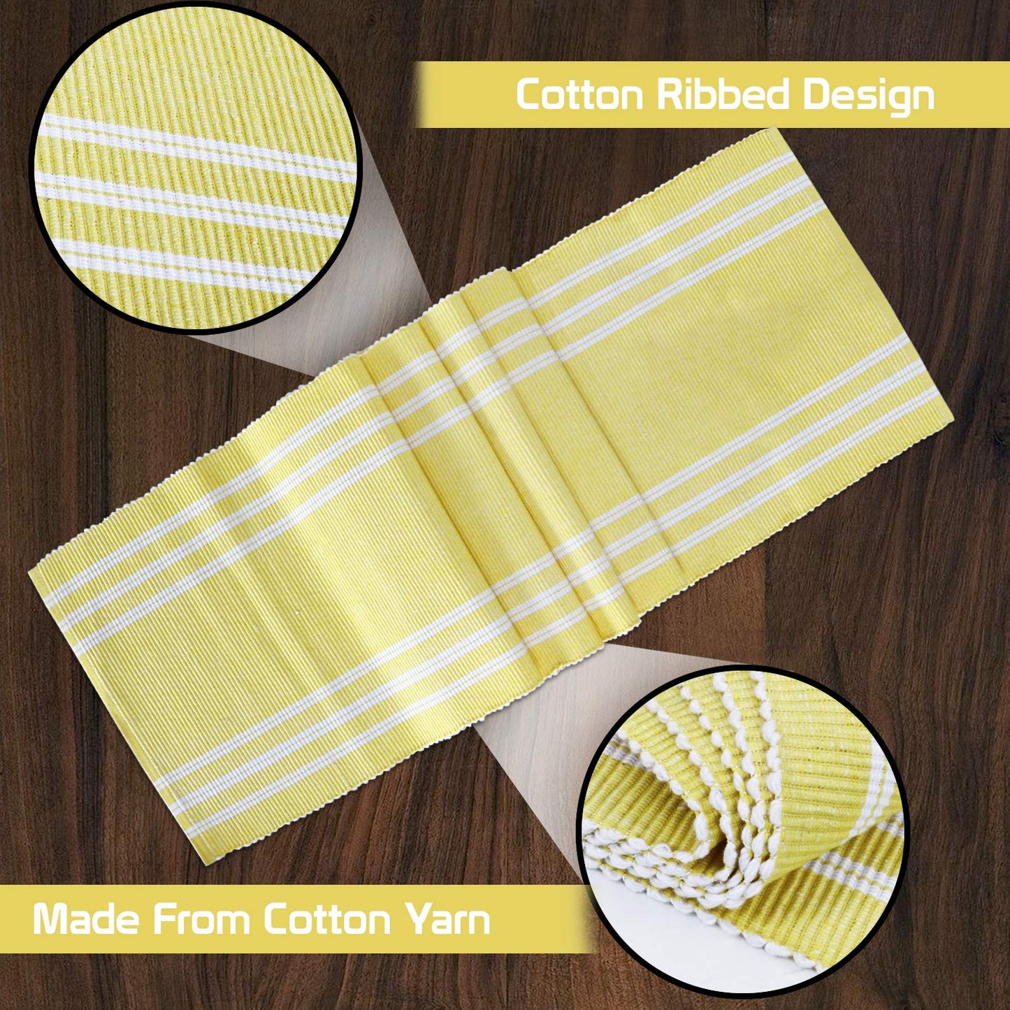 Cotton Ribbed Washable Table Runner for Dining Table 4 Seater, 12x54 Inches, Yellow