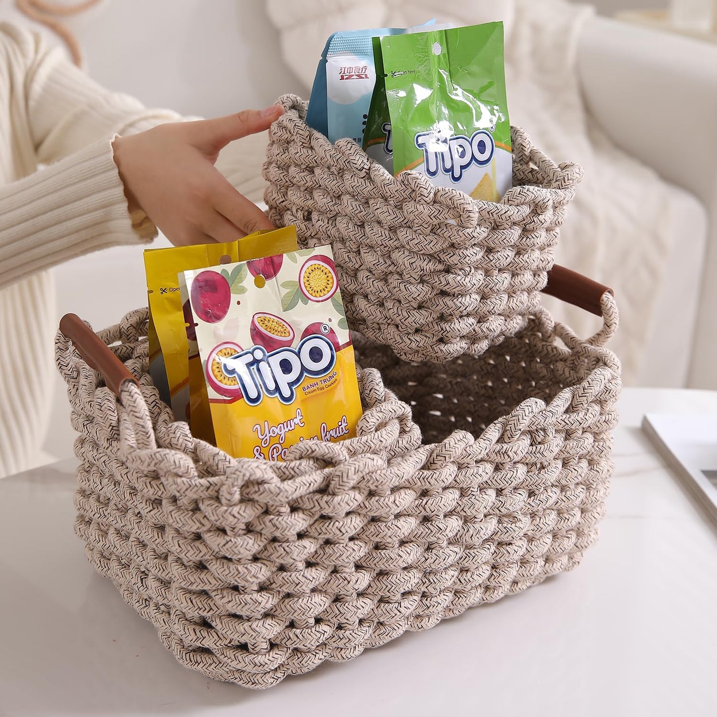 Eco-Friendly Thick Cotton Rope Storage Baskets Set of 3, Beige