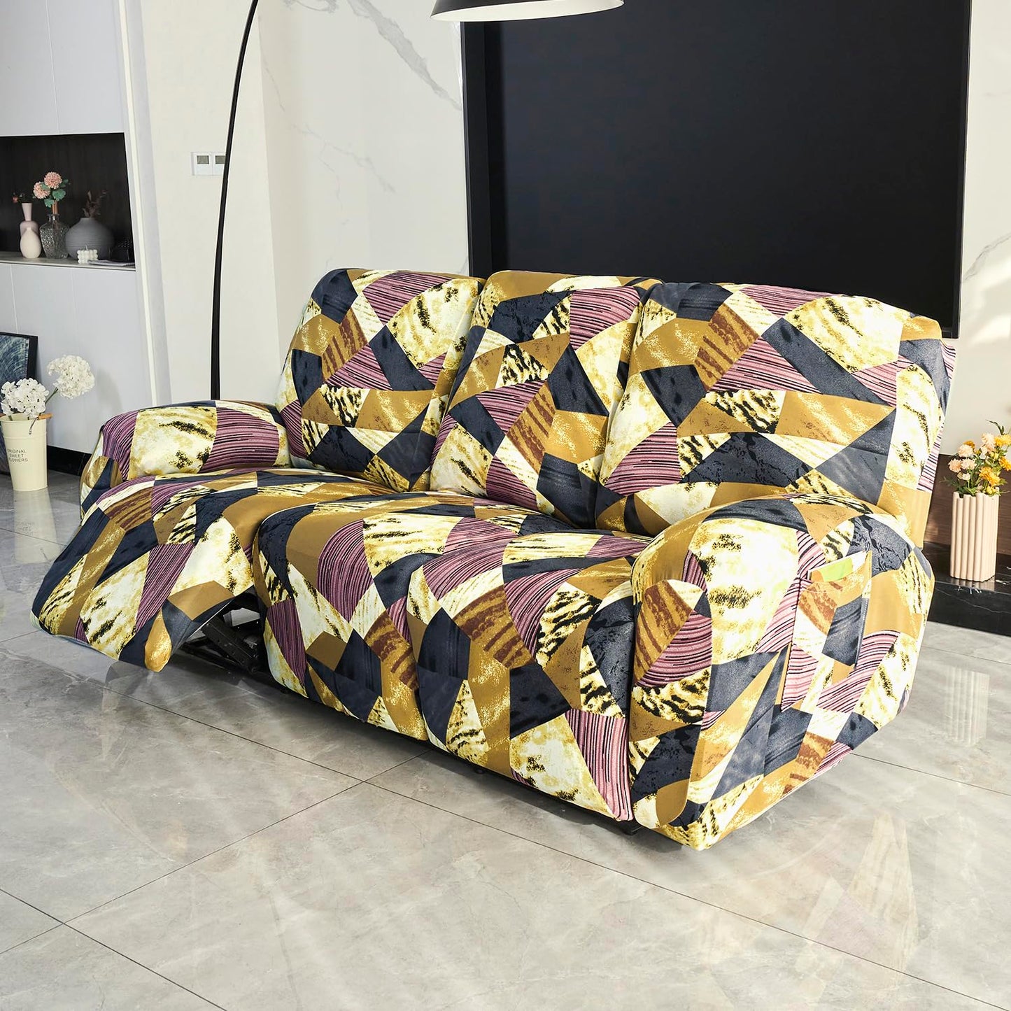 Elastic Stretchable Printed 140gsm Fully Covered Recliner Sofa Cover, Wine Abstract Geometry