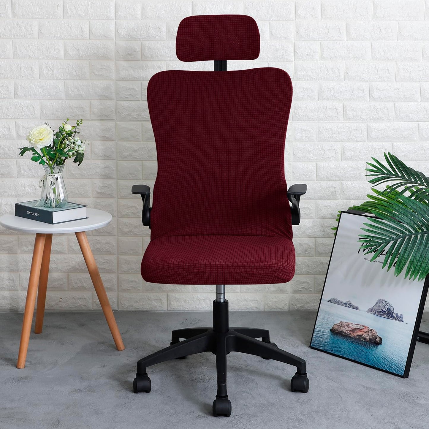 Stretchable Jacquard Office Boss Chair Seat Cover with Headrest Cover for Computer Desk Chair, Burgundy