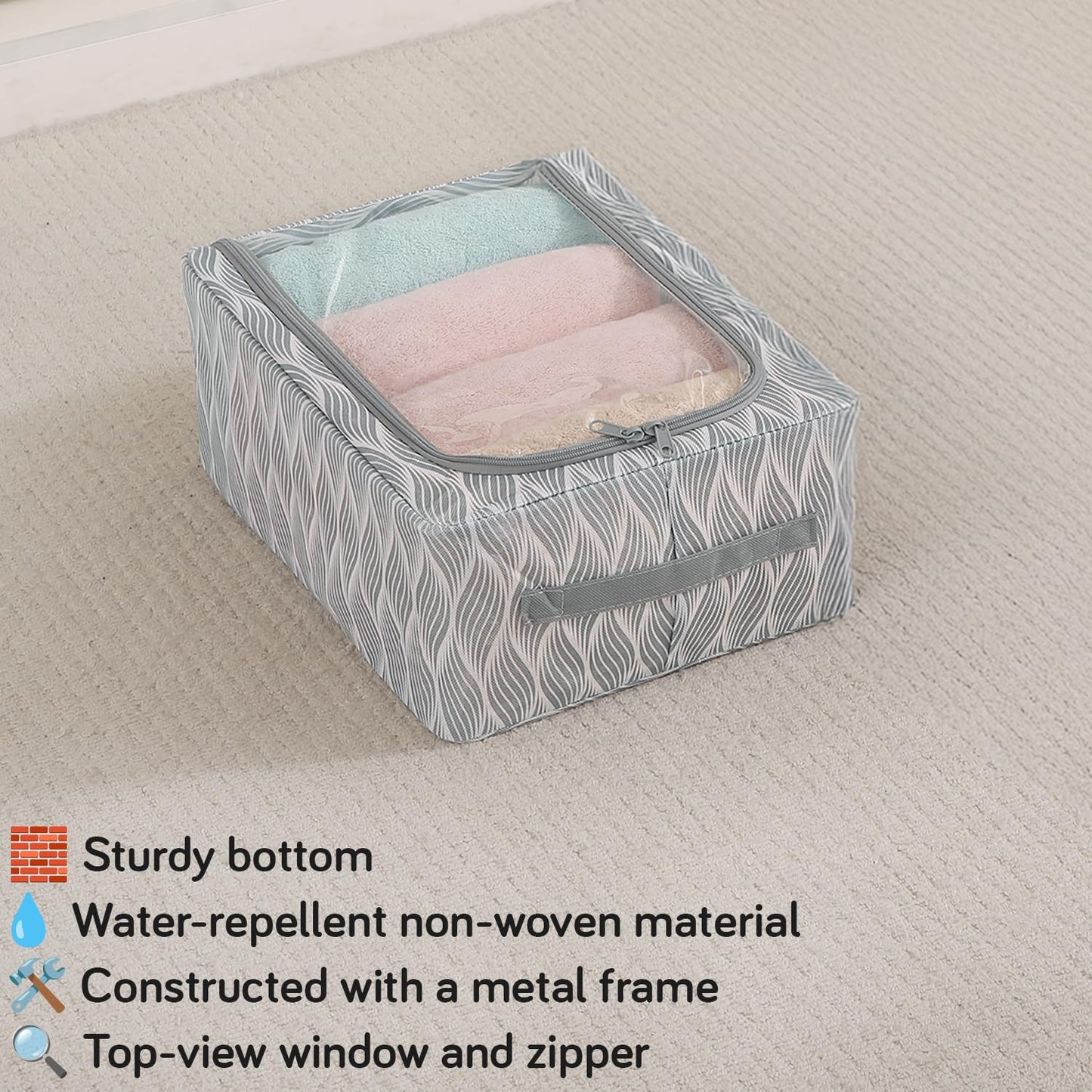 Cloth Organizer with Metal Frame | Moisture & Moth Resistant Wardrobe Organizer | Living Box for Clothes, Grey leaf