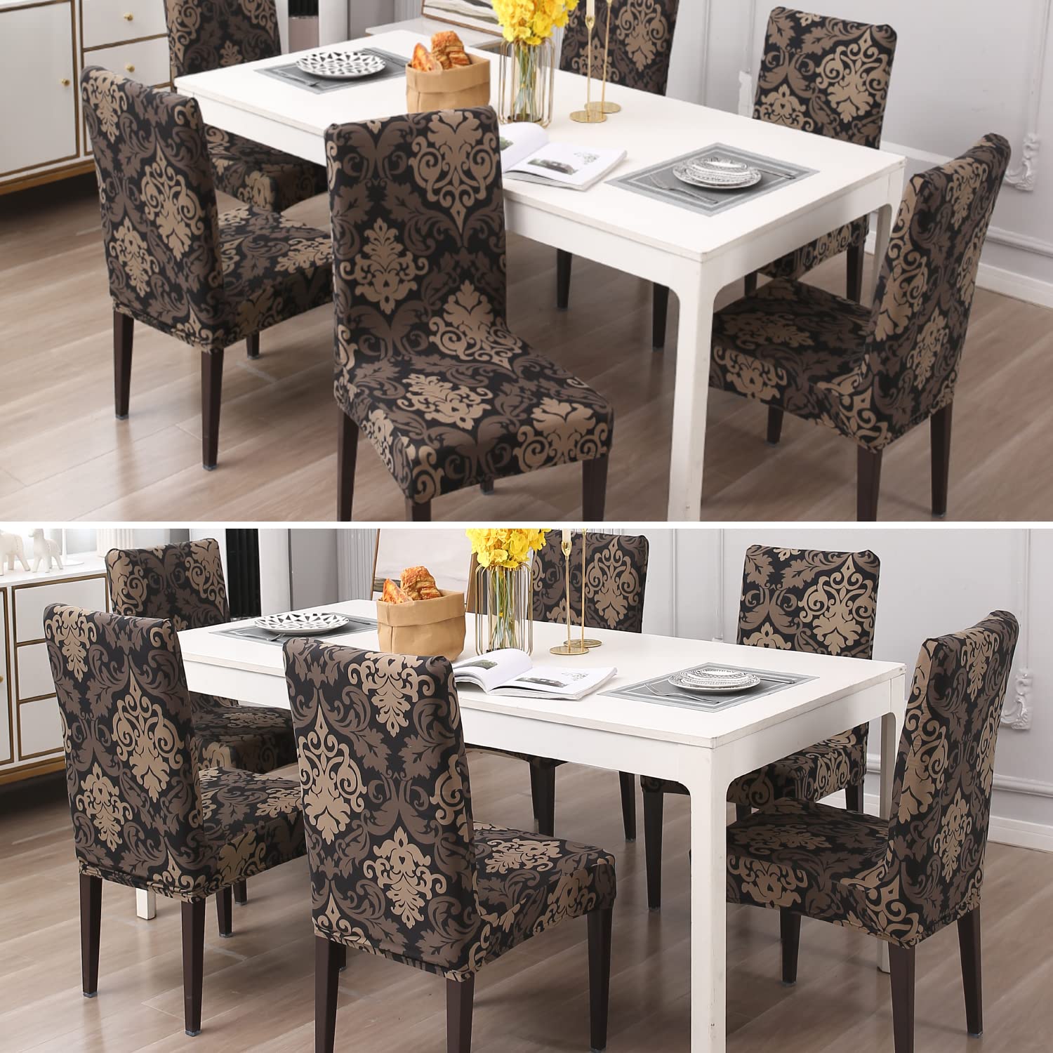 Brown Damask print chair covers for dining chairs | Hokipo