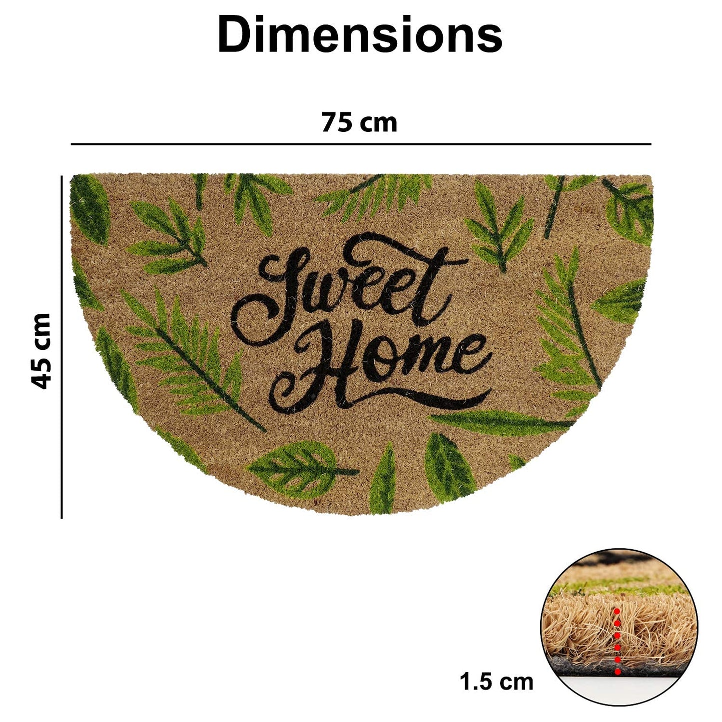 Natural Coconut Coir Mat for Entrance with PVC Backing, Sweet Home (Large 45x75 cm, Green)