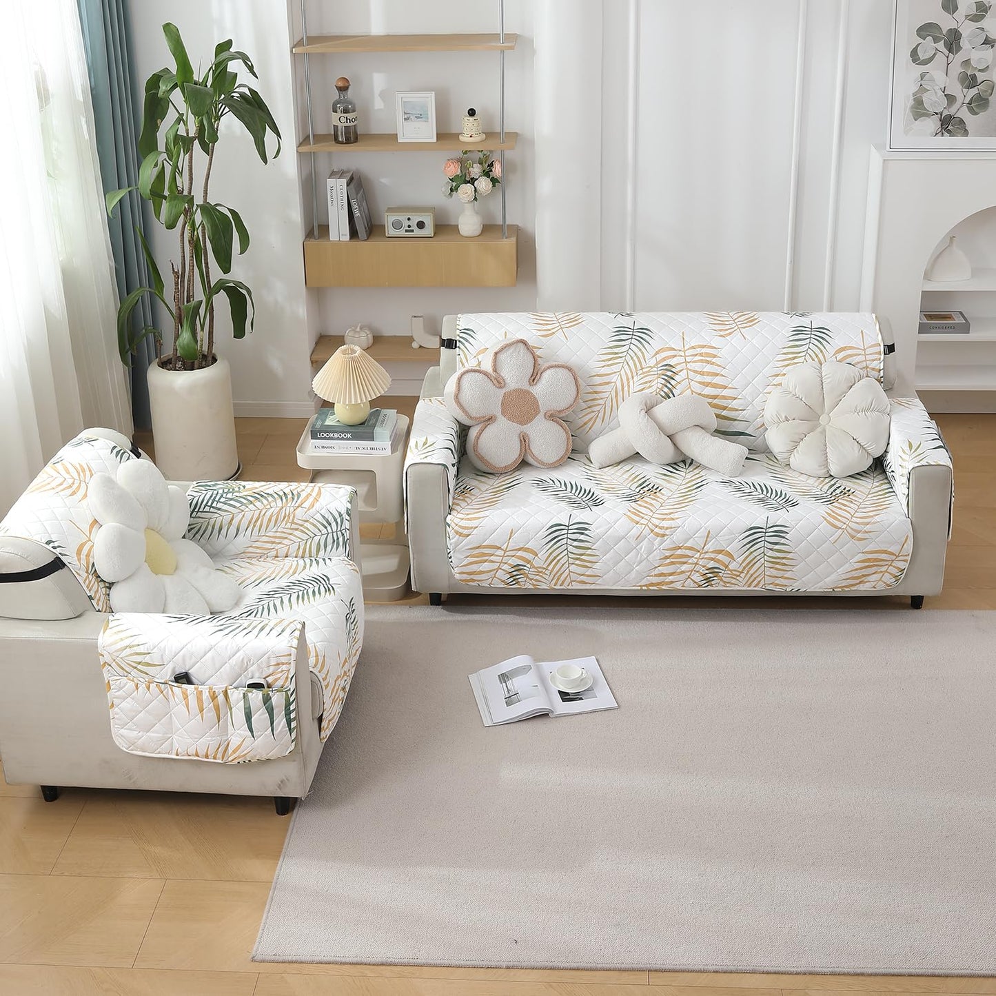 Quilted Waterproof Sofa Cover Mat with Pockets on Armrest Cover - Palm Leaves Forest Green