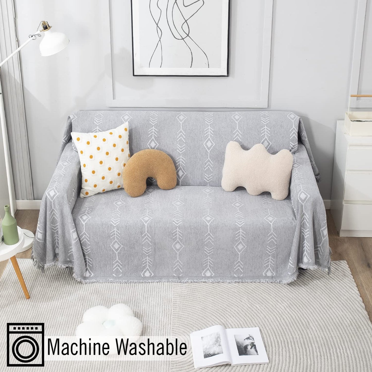 Thick, Soft and Pet Friendly Chenille Sofa Cover Throw, Grey Aztec