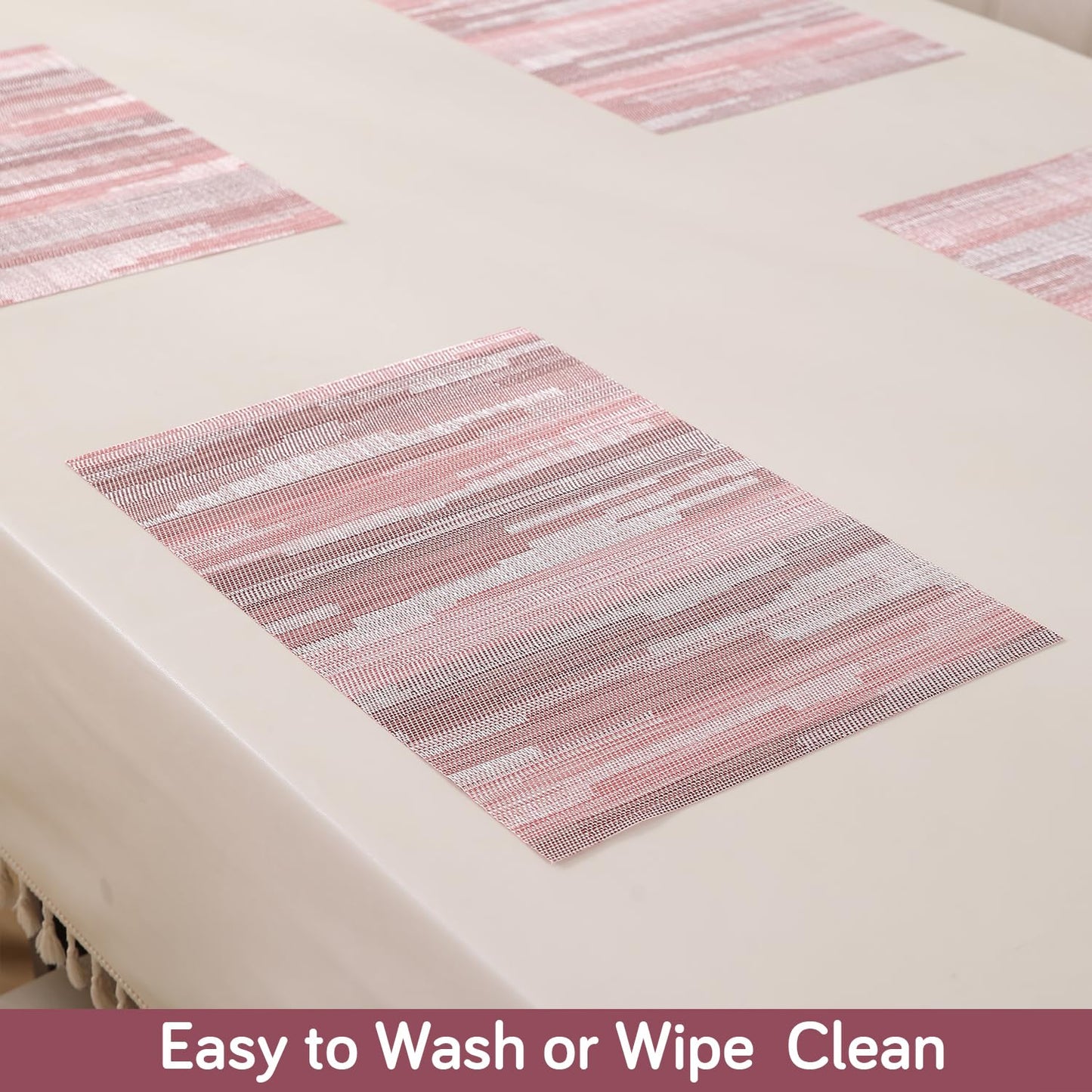 HOKIPO PVC Dining Table Mats and Runner Set of 4/6, Rosemilk Essence Vertical Lines