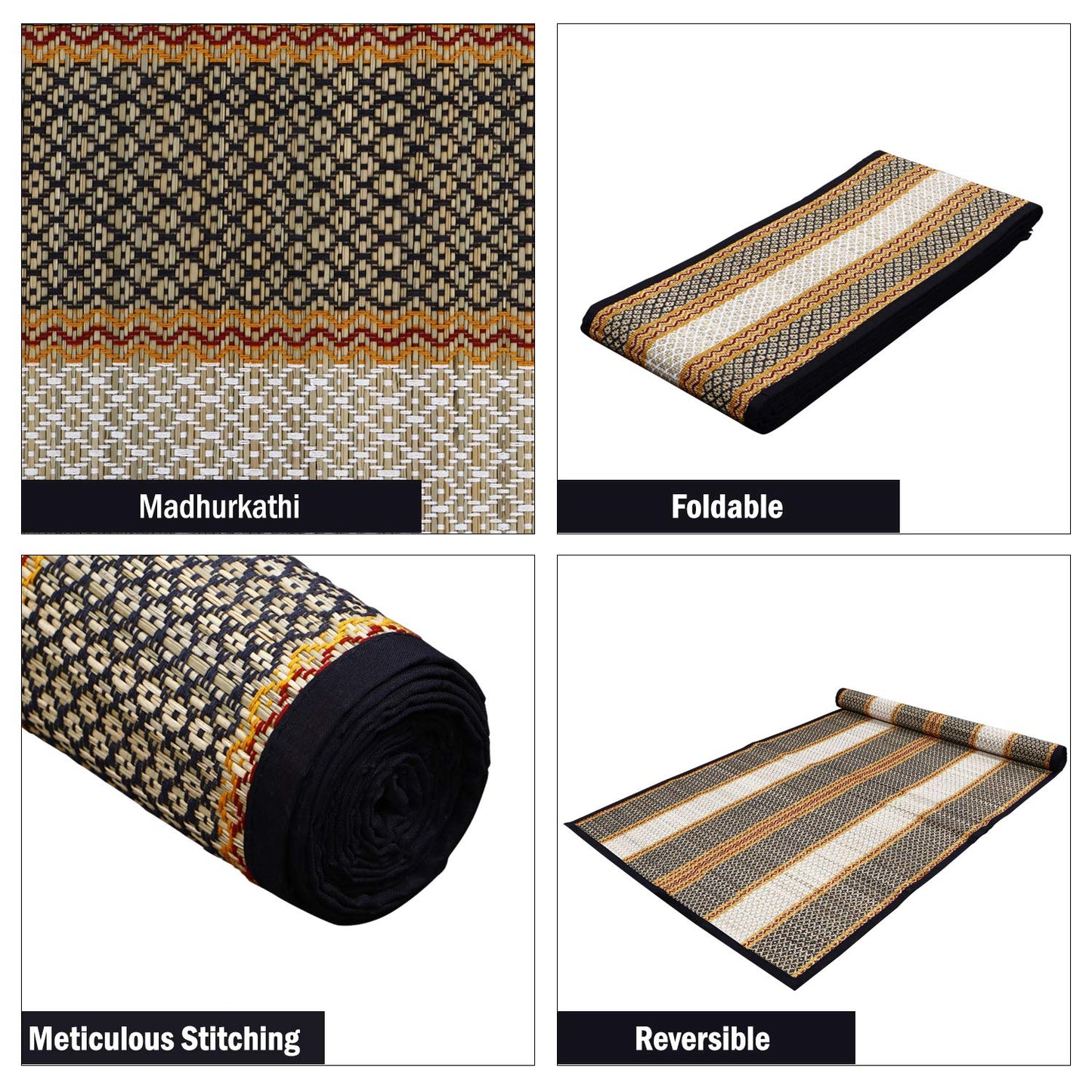 Natural Handmade Madurkathi Large Chatai Mats for Home, Black