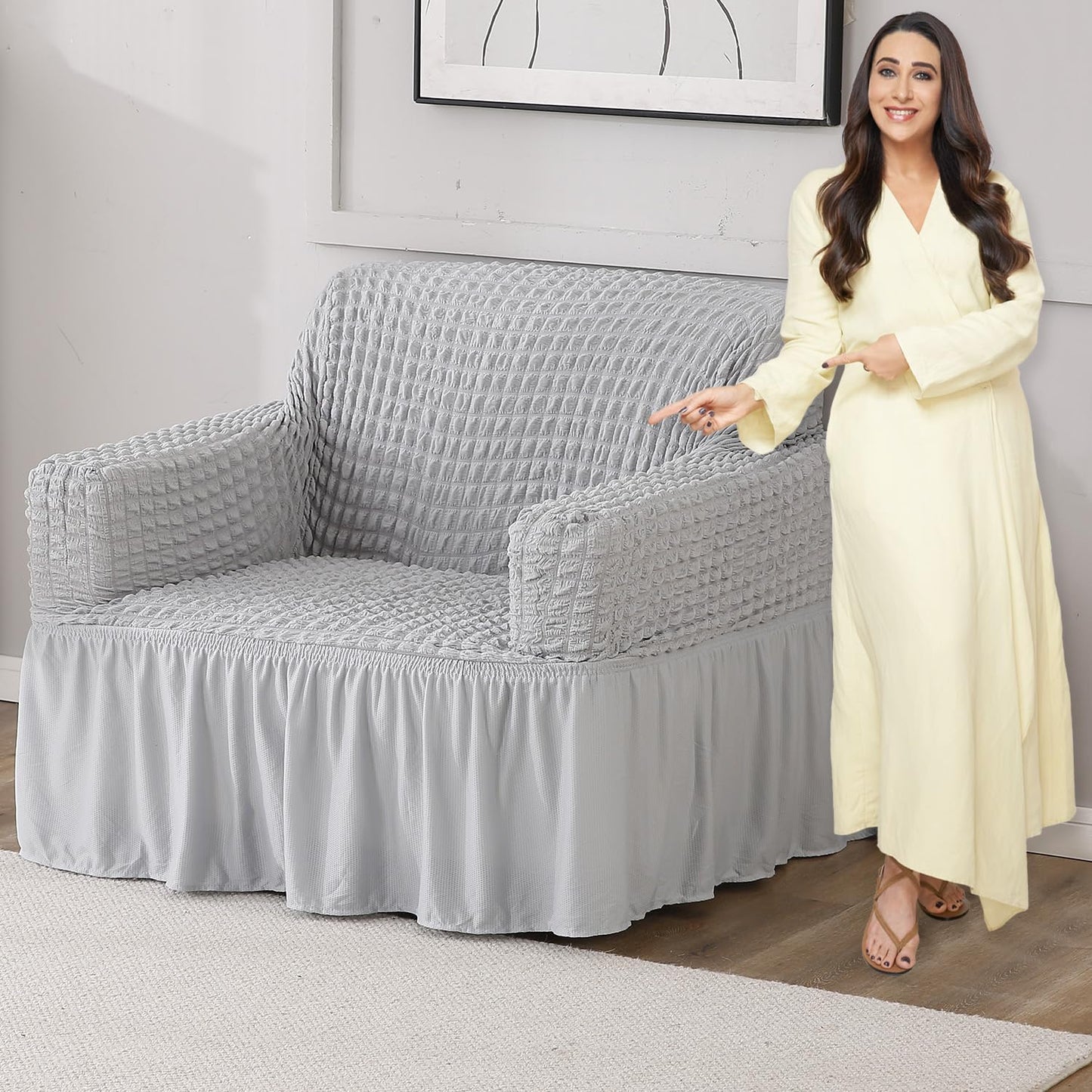 Ash Grey 1 Seater Elastic Turkish Bubble Frilled sofa cover set