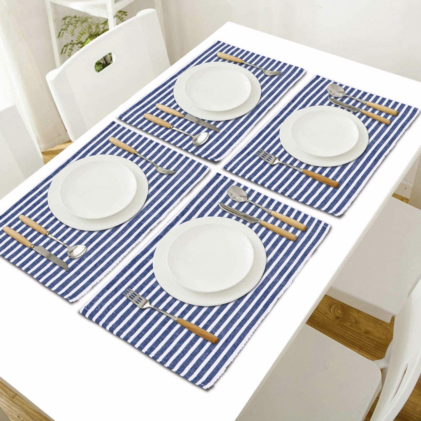 Ribbed Cotton Heat Resistant Dining Table Mat, Blue Striped