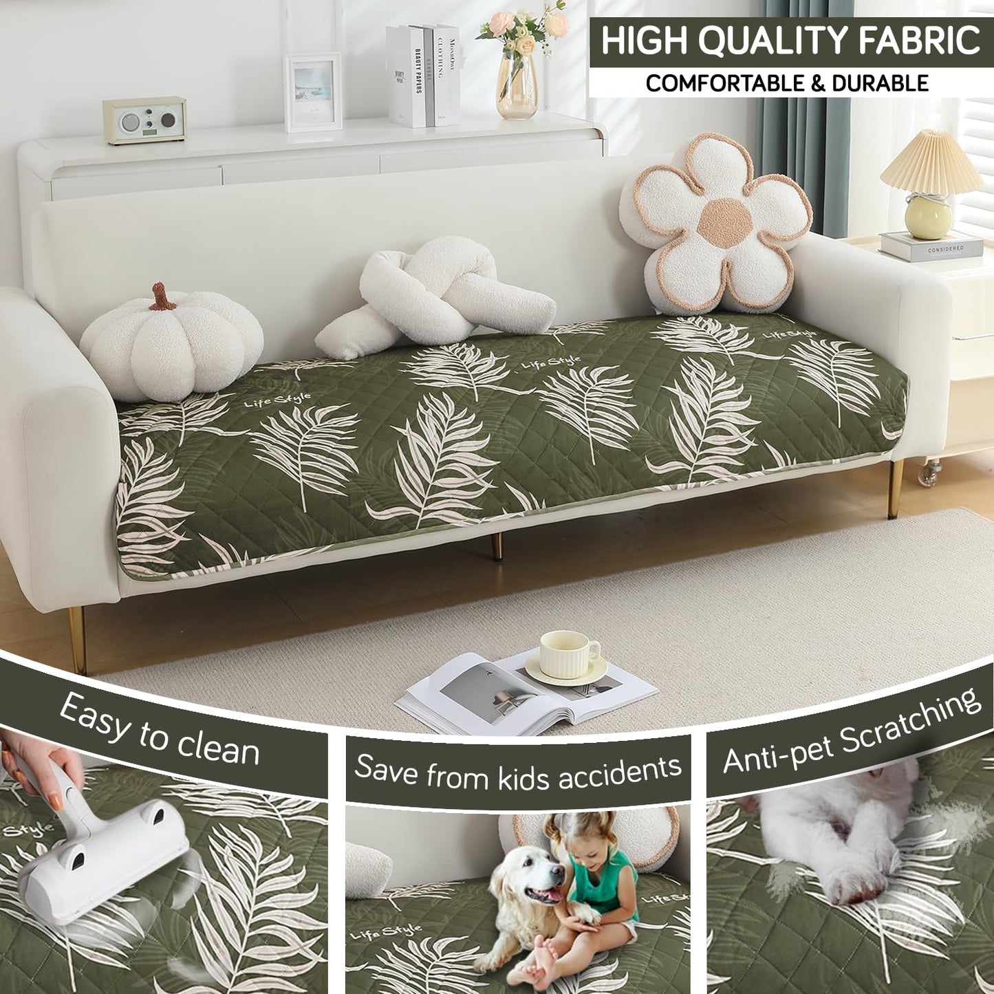 Quilted, Waterproof and Anti-Slip Sofa Cover Mat, Palm Leaves Olive
