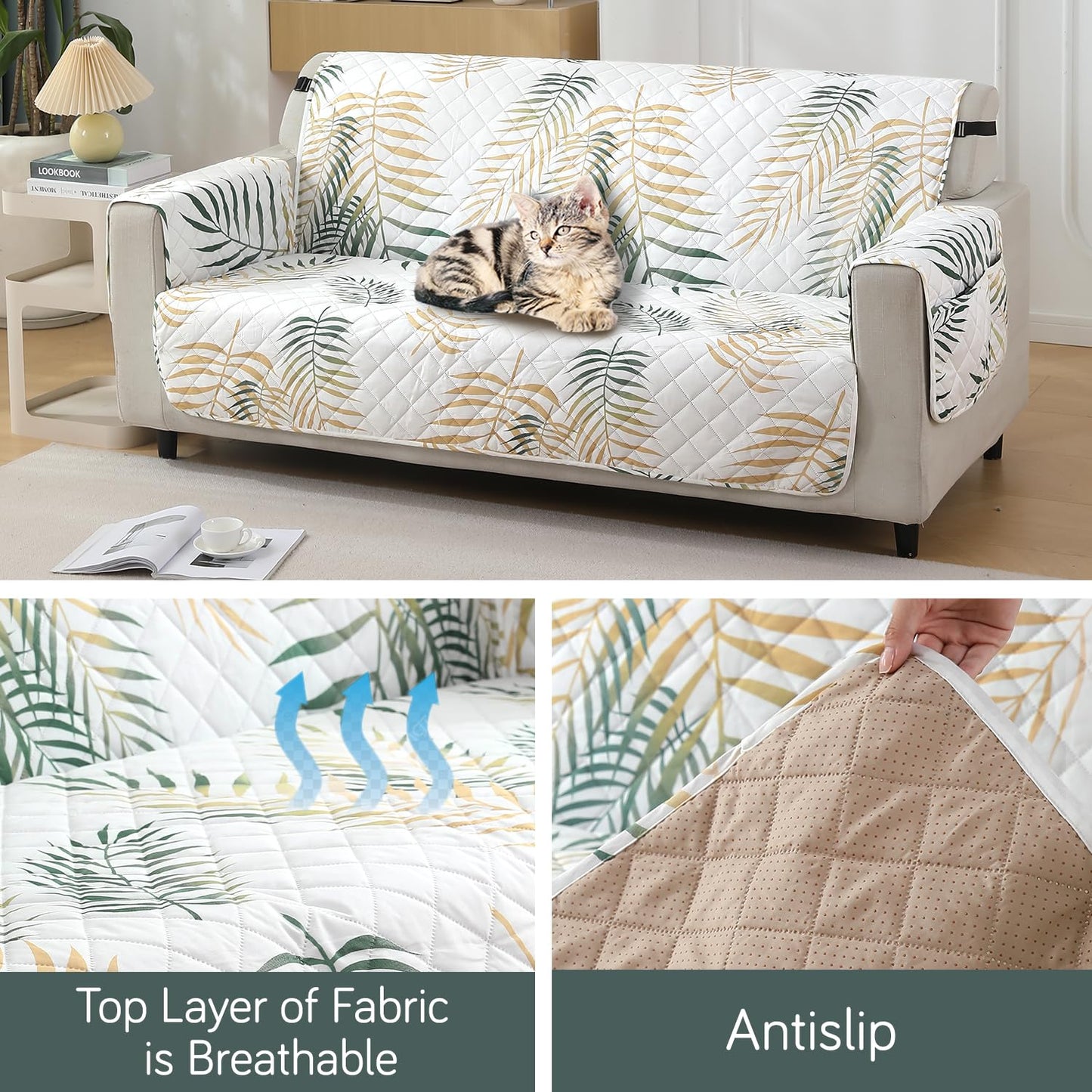 Quilted Waterproof Sofa Cover Mat with Pockets on Armrest Cover - Palm Leaves Forest Green