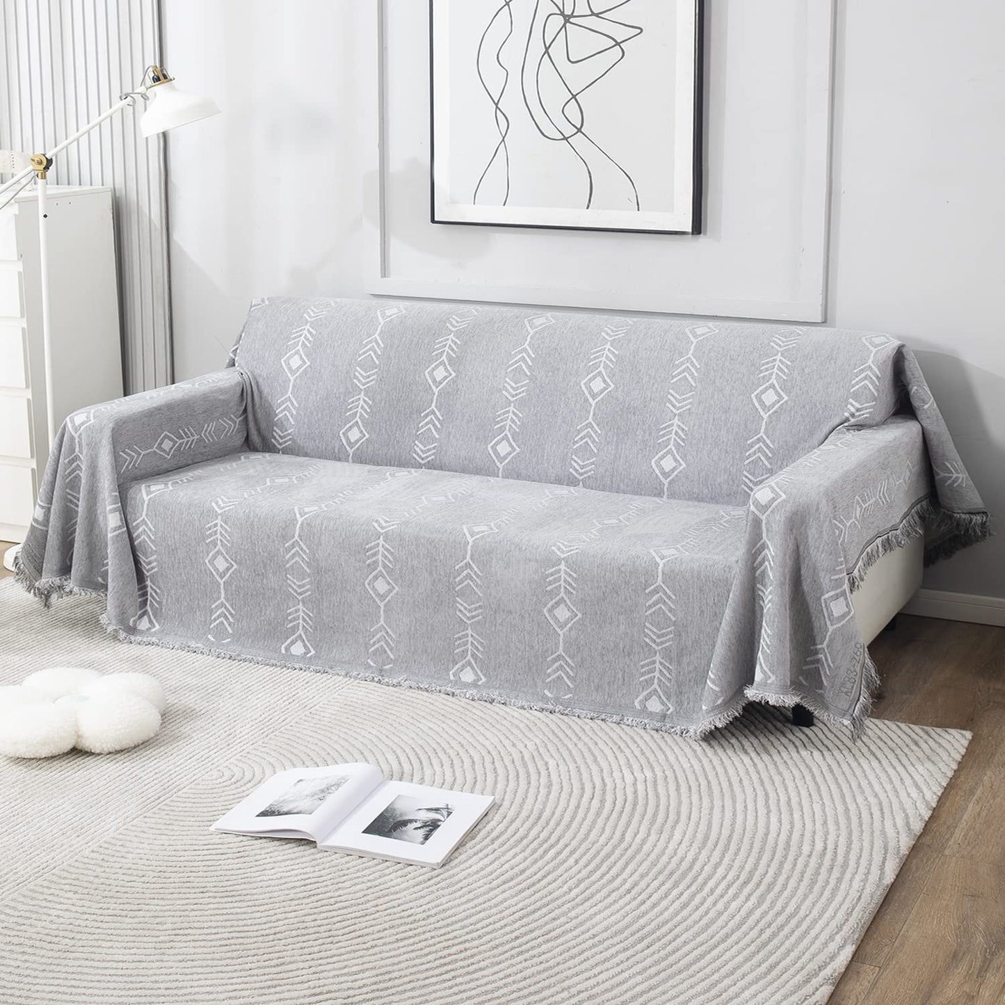 Thick, Soft and Pet Friendly Chenille Sofa Cover Throw, Grey Aztec