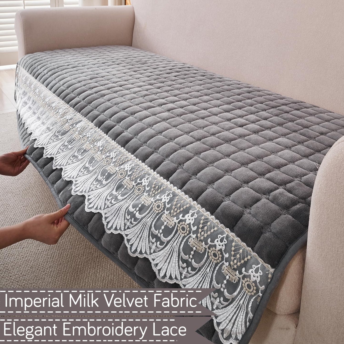 BelleLace Series Imperial Milk Velvet Sofa Cover Mat with Lace Design - Porpoise Grey