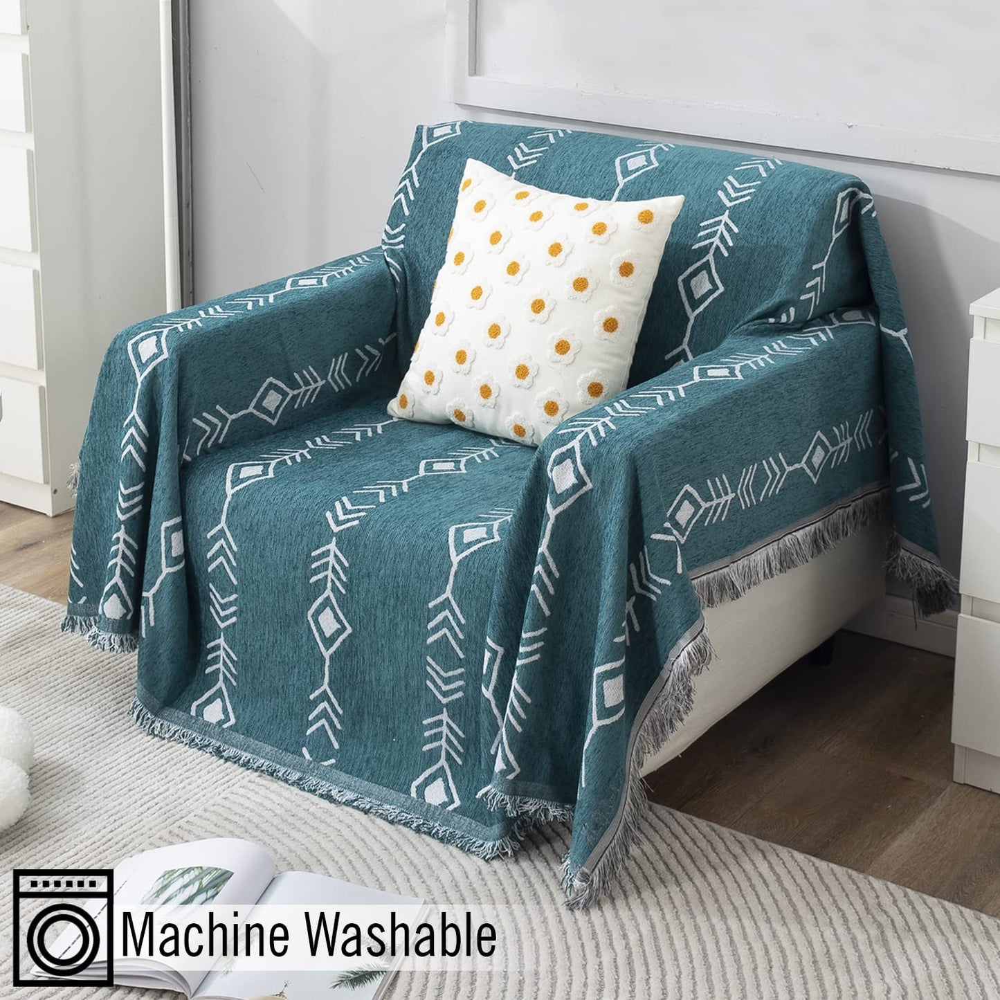 Thick, Soft and Pet Friendly Chenille Sofa Cover Throw, Teal Aztec