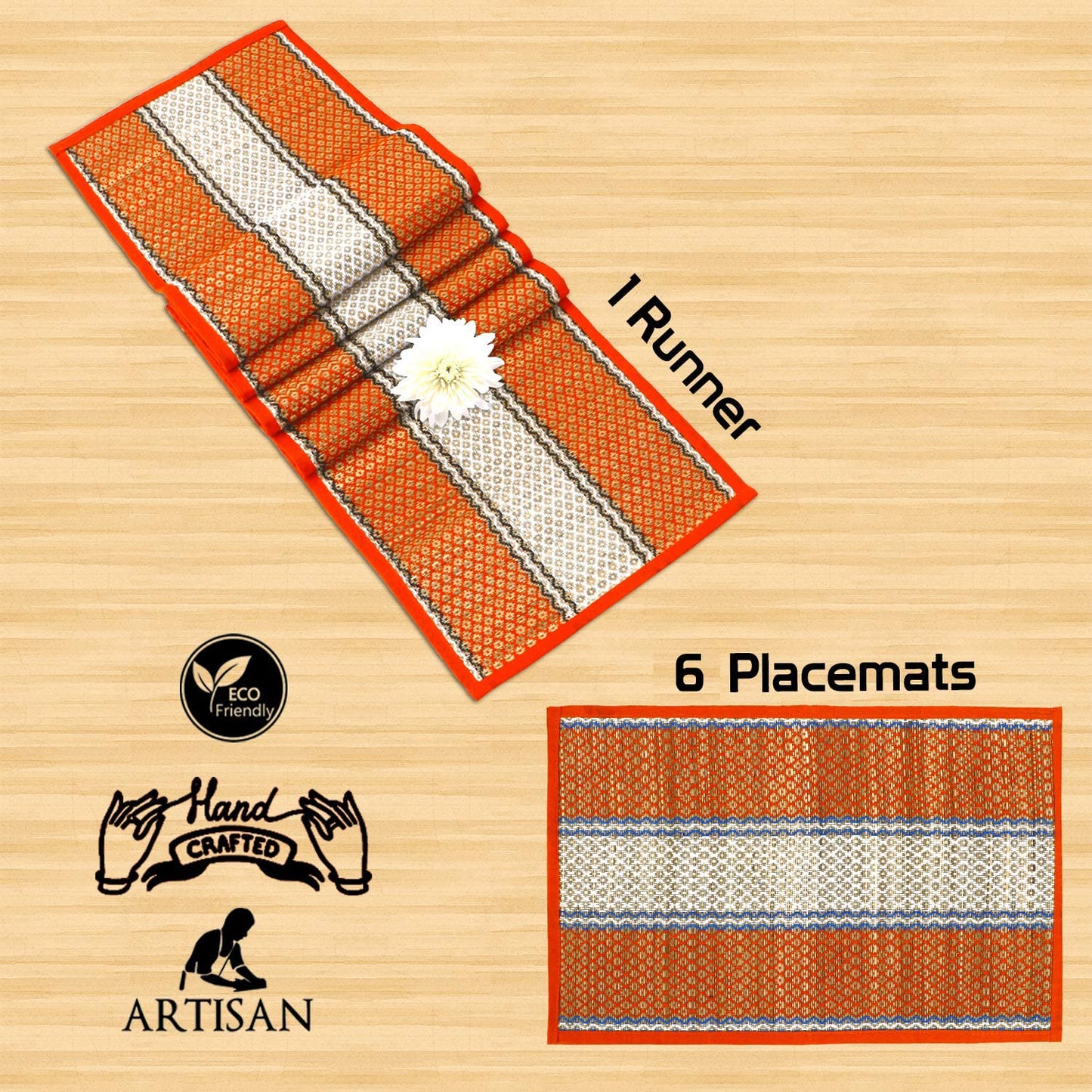 Handmade Madurkathi River Grass Dining Table Mats, Orange