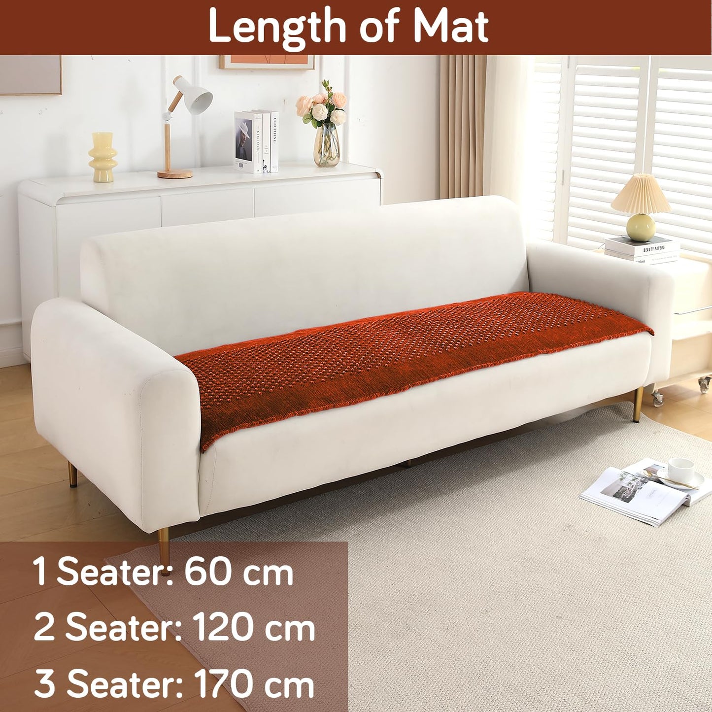 Handloom Made Thick Poly Velvet Reversible Sofa Mat for 1/2/3 Seater, Rust Brown