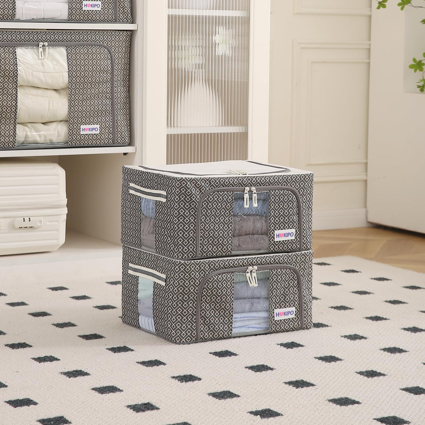 Wardrobe Organizer Storage Box | Foldable Cloth Storage Boxes with Metal Frame & Window | 600D Oxford Fabric, Charcoal Grey