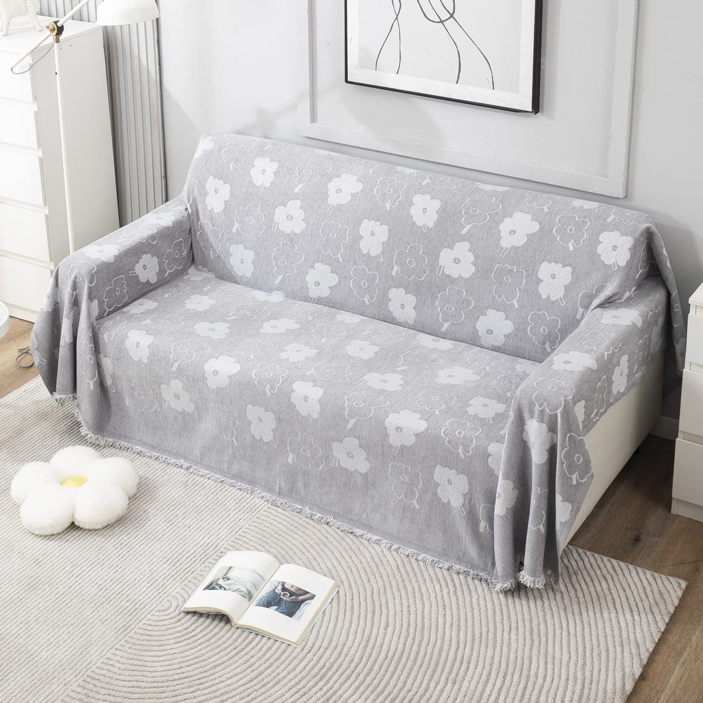 Grey Floral Chenille Sofa Throw | Thick & Soft for 1/2/3 Seater