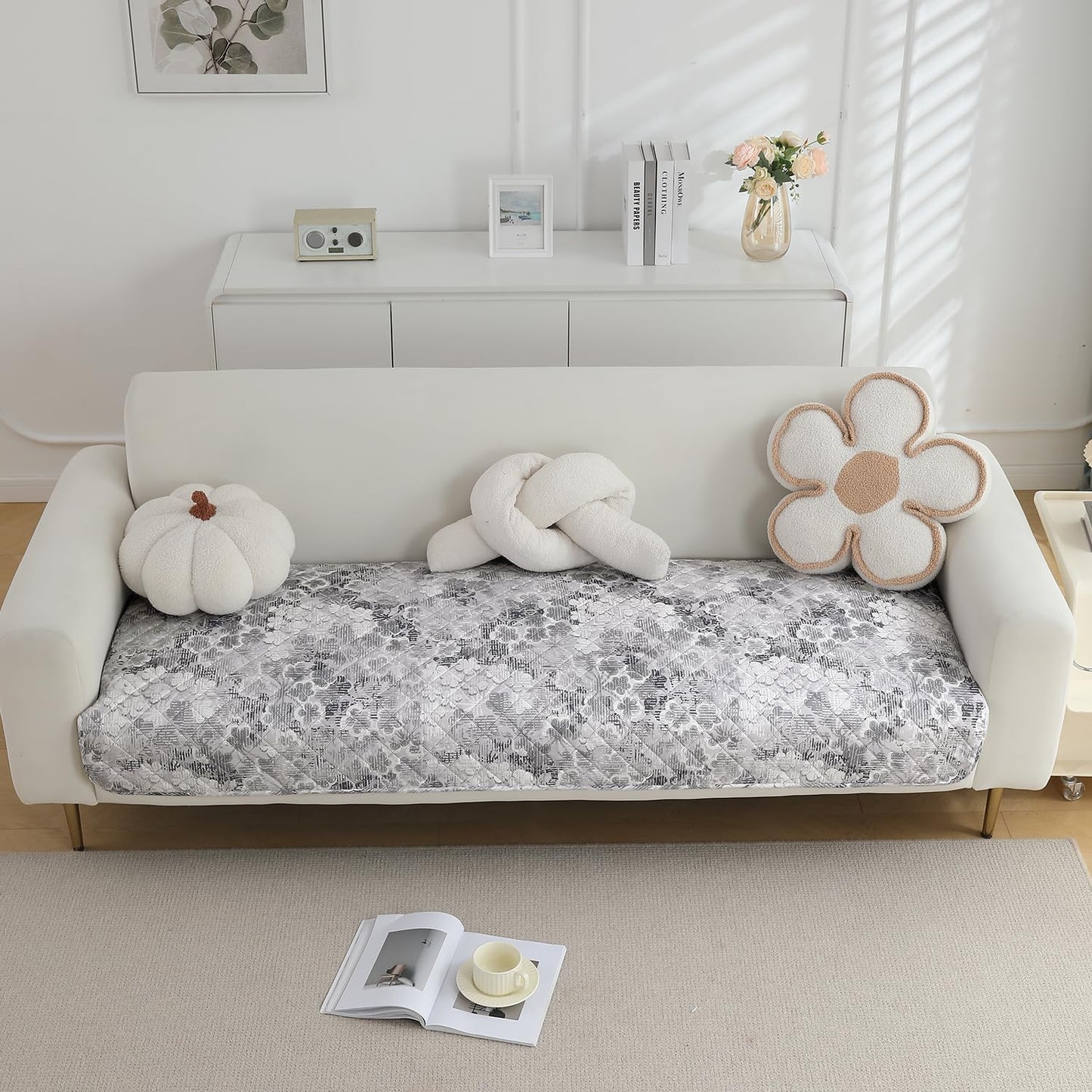 Quilted, Waterproof and Anti-Slip Sofa Cover Mat, Abstract Pale Grey