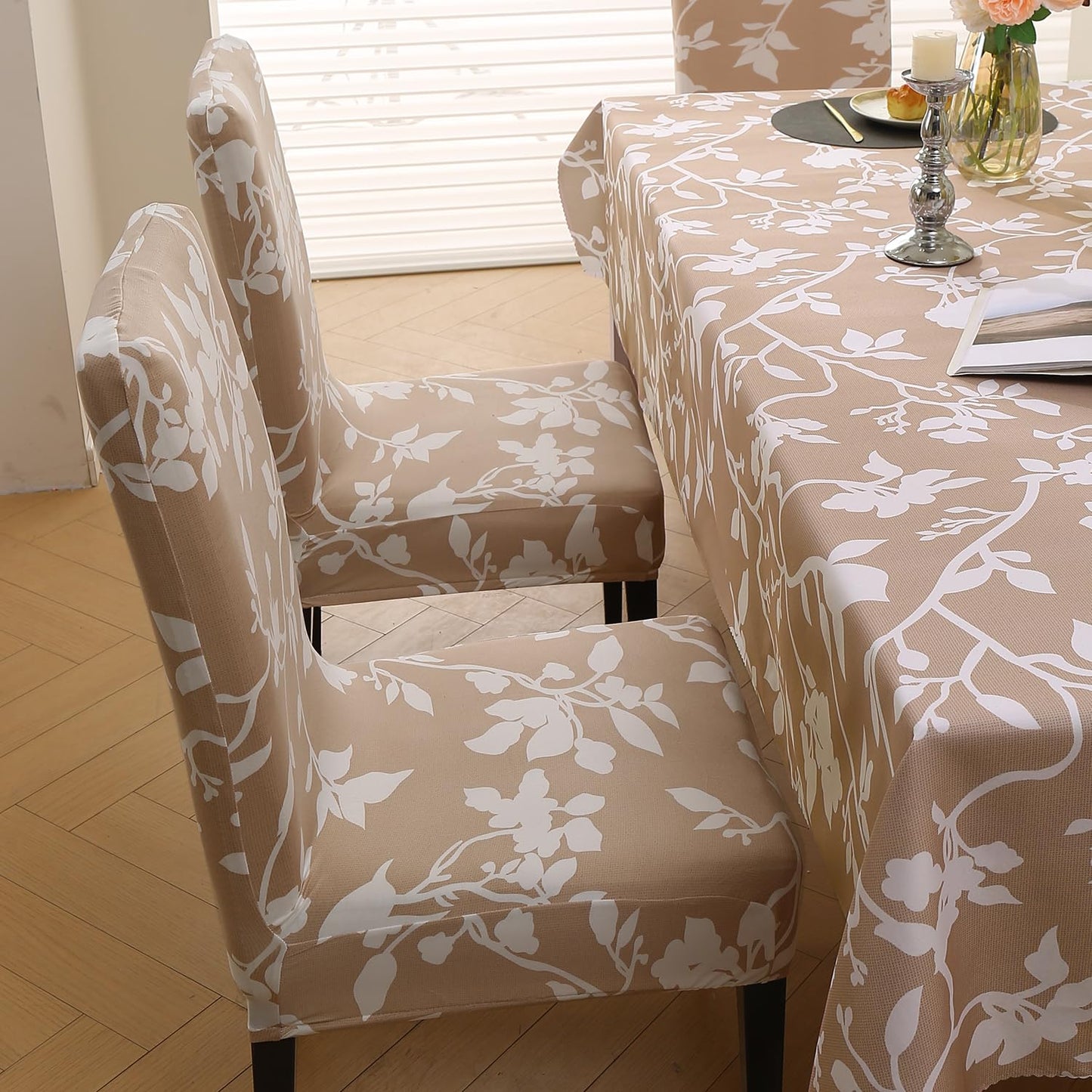 Elastic Dining Chair Covers with Matching Tablecloth, Buff Brown Sillehoute Floral