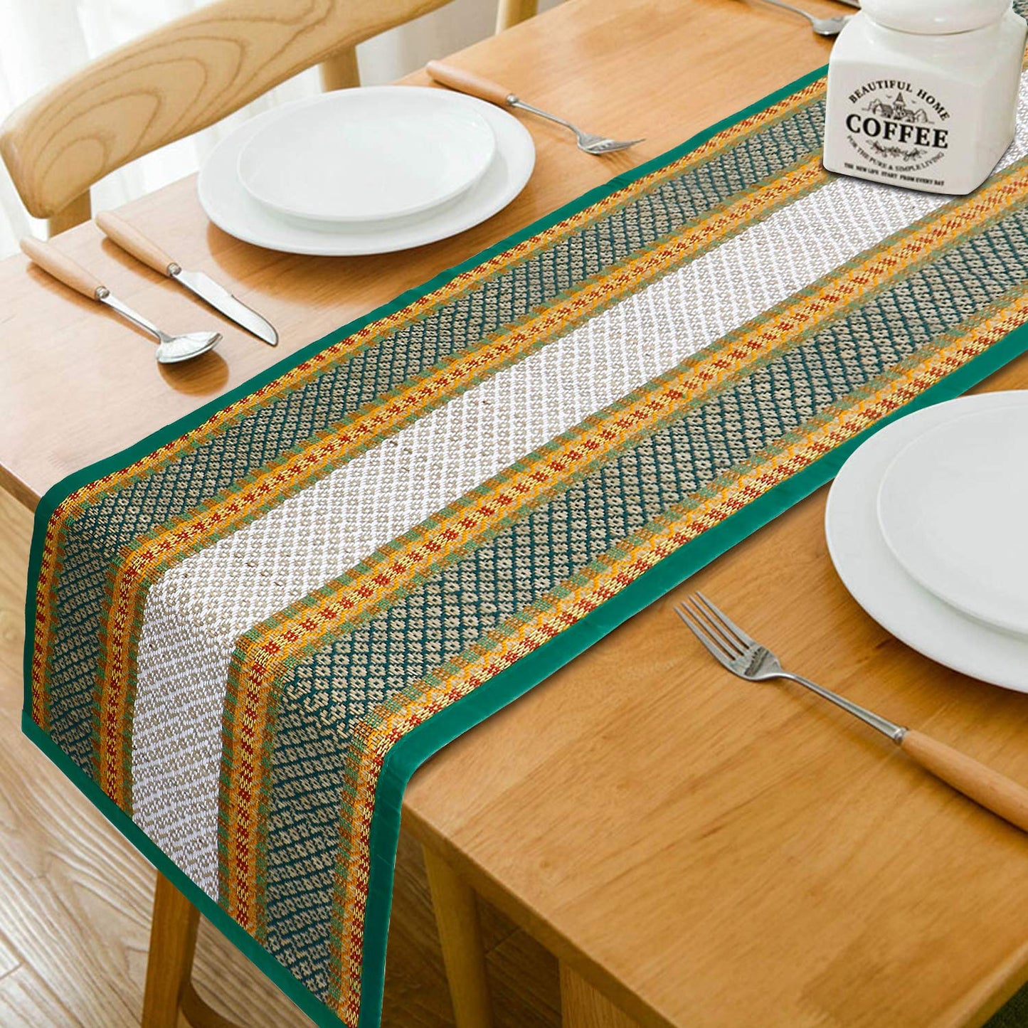 Natural Handmade Madurkathi Table Runner for Dining Table, Centre Table, Coffee Table, Teapoy, Green