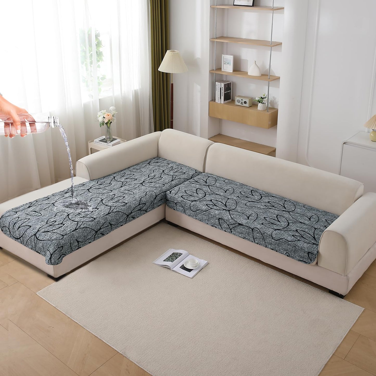 Waterproof Printed Quilted Quick Dry L Shape Sofa Seat Cover Mat, Intense Grey Abstract Floral
