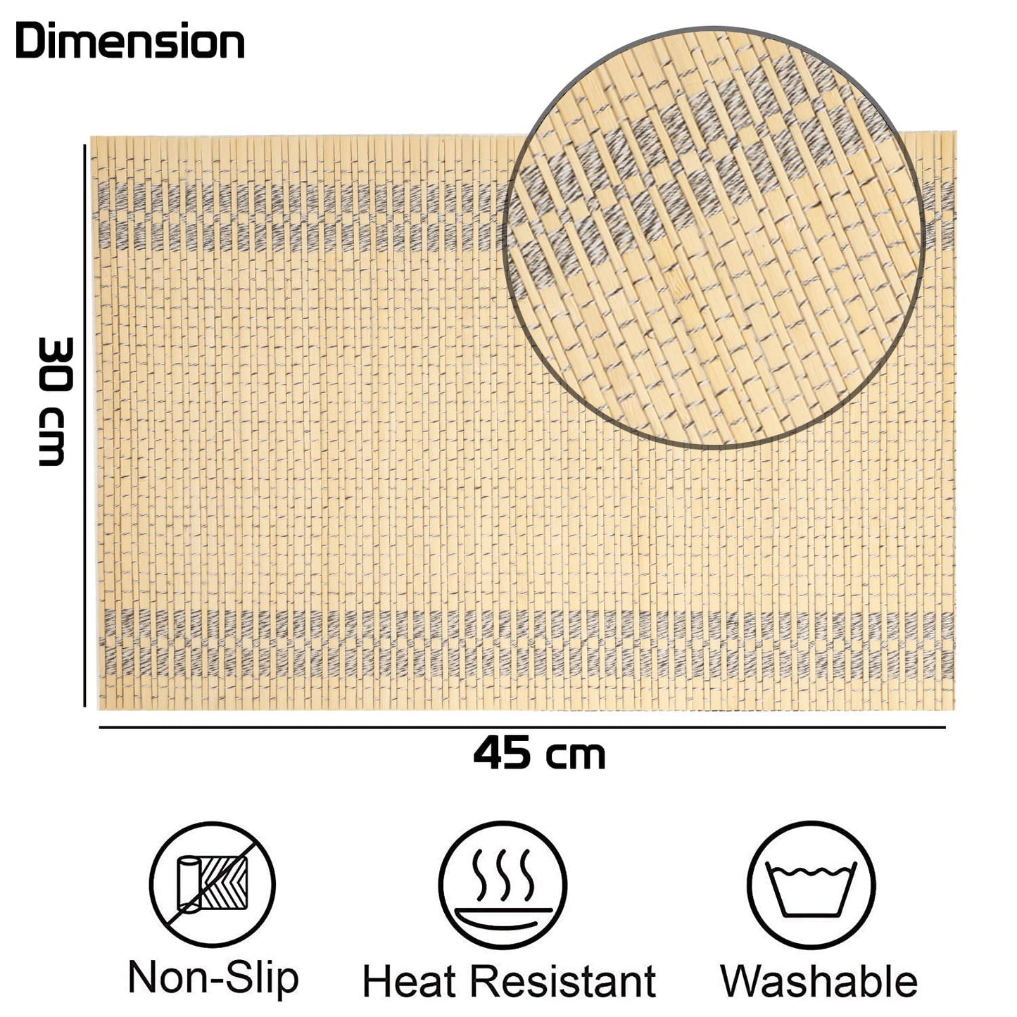 Reversible Bamboo Placemats for Dining Table Set of 6, 45x30 cm