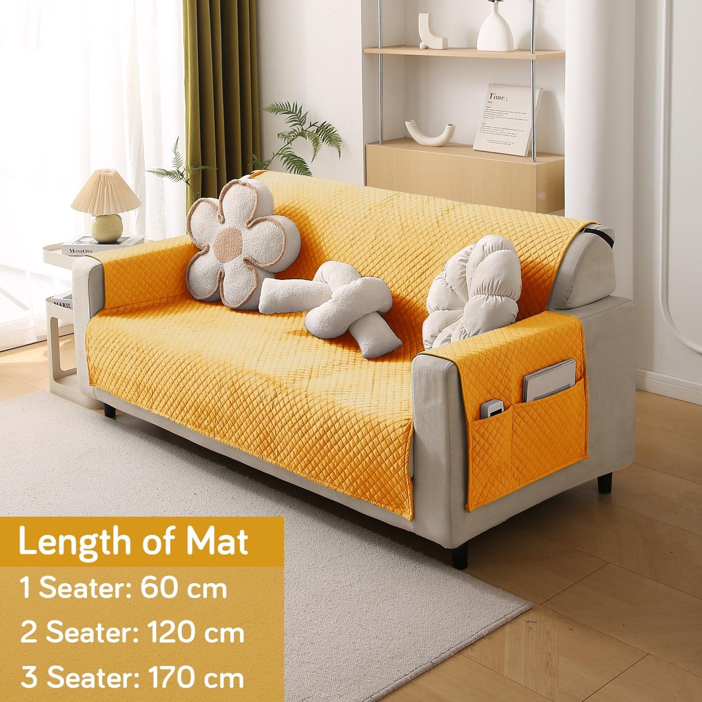 Quilted Velvet Sofa Cover Mat with Side Pockets, Pet Friendly, Mustard Yellow