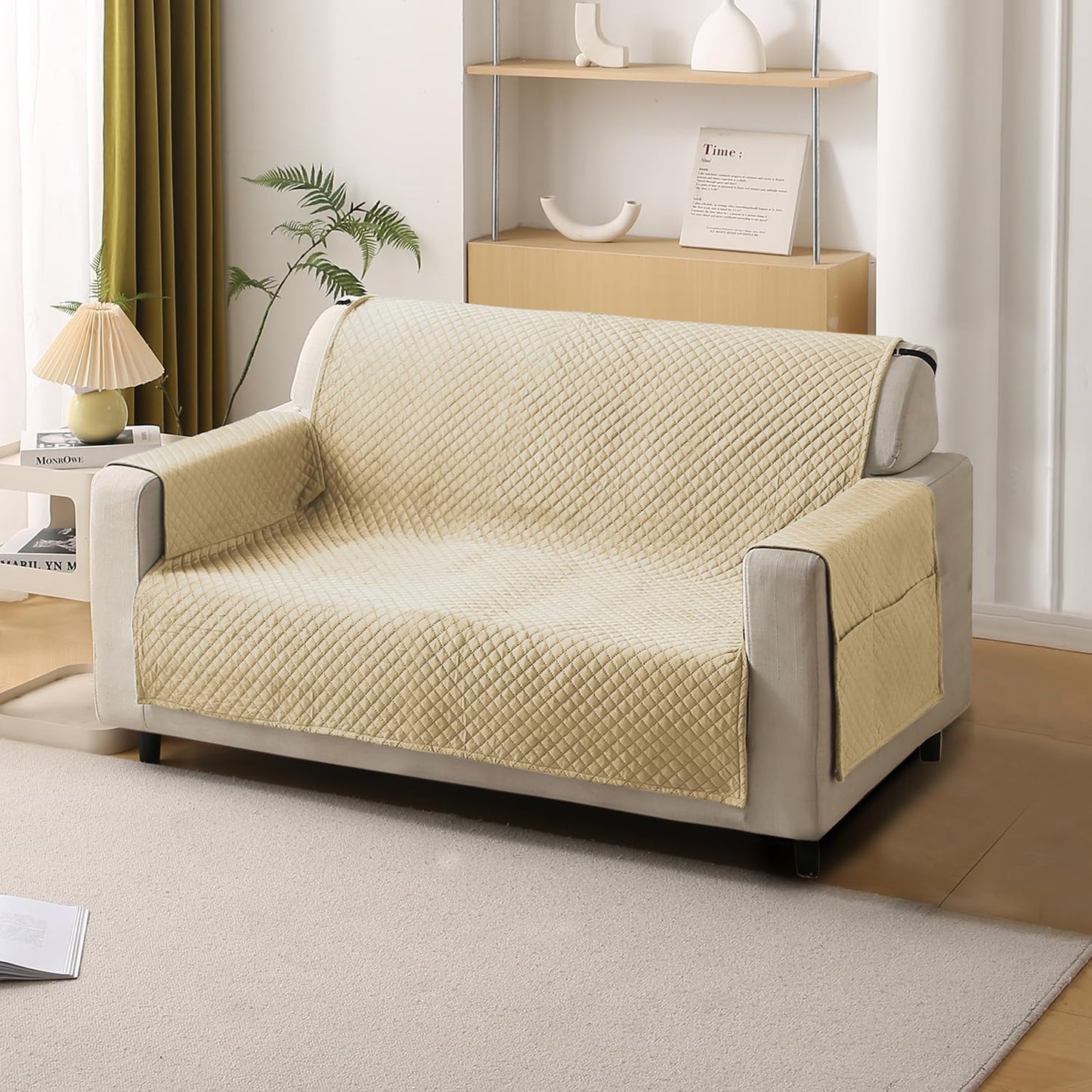 Quilted Velvet Sofa Cover Mat with Side Pockets, Pet Friendly, Natural Beige