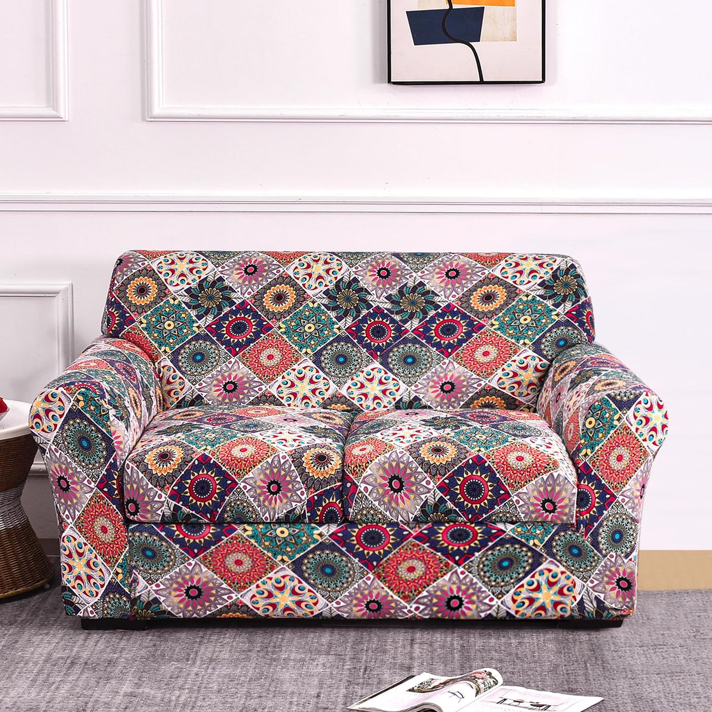 Printed Stretchable Sofa Slipcover with 1/2/3 Pc Separate Seat Cushion Cover for each 1/2/3 Seater, Spectrum Mosaic Magic