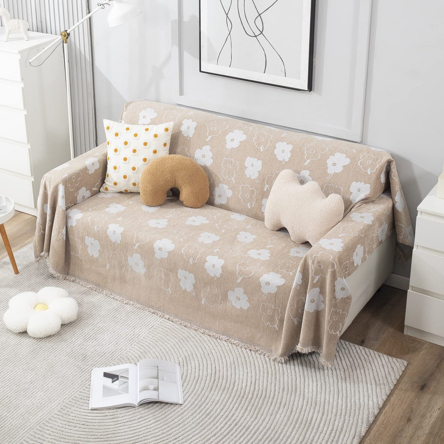 Beige Floral, Thick, Soft and Pet Friendly Chenille Sofa Cover Throw