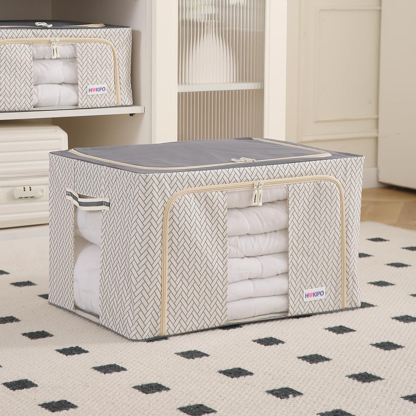 Wardrobe Organizer Storage Box | Foldable Cloth Storage Boxes with Metal Frame & Window | 600D Oxford Fabric, Cream Mist