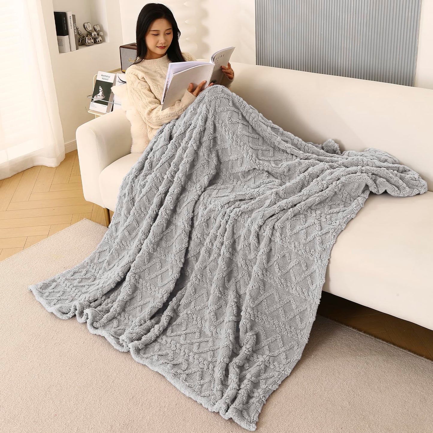 220 GSM Flannel AC Throw Blanket Double Bed Queen, 200x230 cm / 6.5x7.5 feet, Light Grey