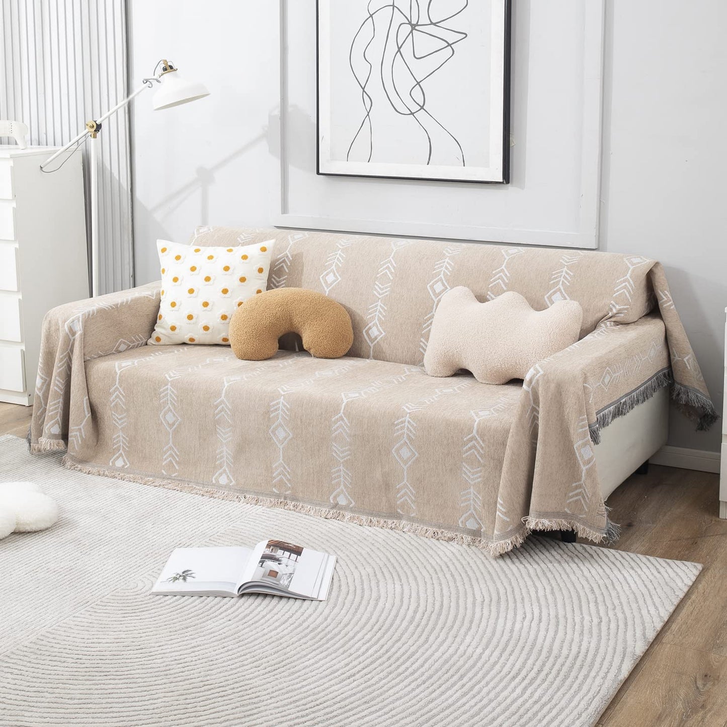 Beige Aztec, Thick, Soft and Pet Friendly Chenille Sofa Cover Throw
