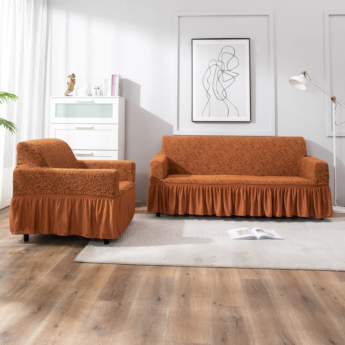 Caramel Brown designer woven jacquard frill sofa cover 3 1 1
