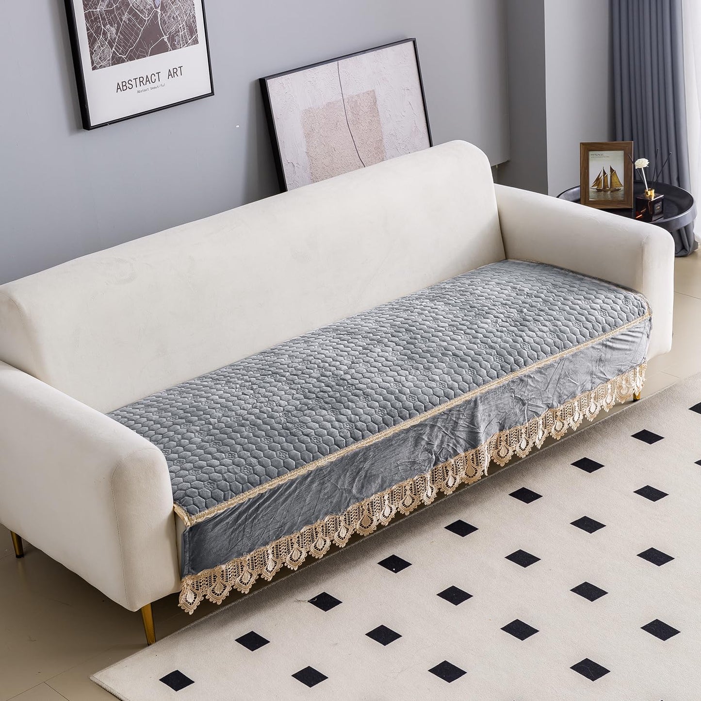 Premium Dutch Velvet Sofa Seat Mat for 1/2/3 Seater Sofa and Cushion Cover, Light Grey