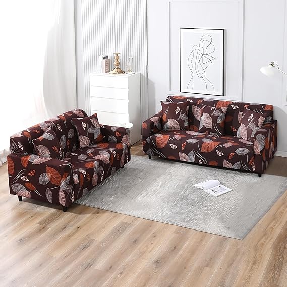 Elastic Stretchable Printed Sofa Cover, Dark Brown Leaf