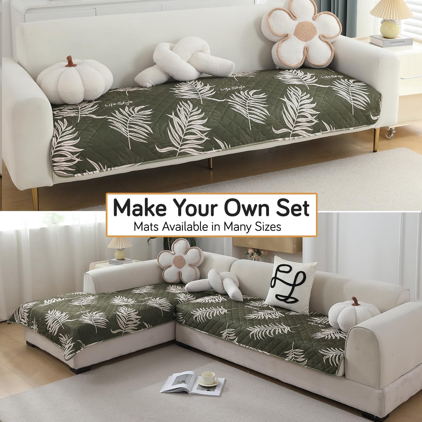 Quilted, Waterproof and Anti-Slip Sofa Cover Mat, Palm Leaves Olive