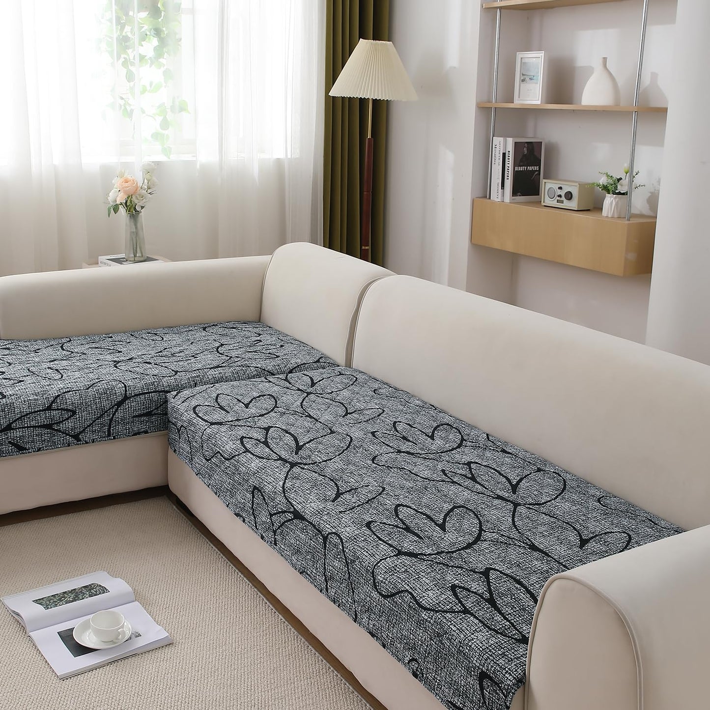 Waterproof Printed Quilted Quick Dry L Shape Sofa Seat Cover Mat, Intense Grey Abstract Floral