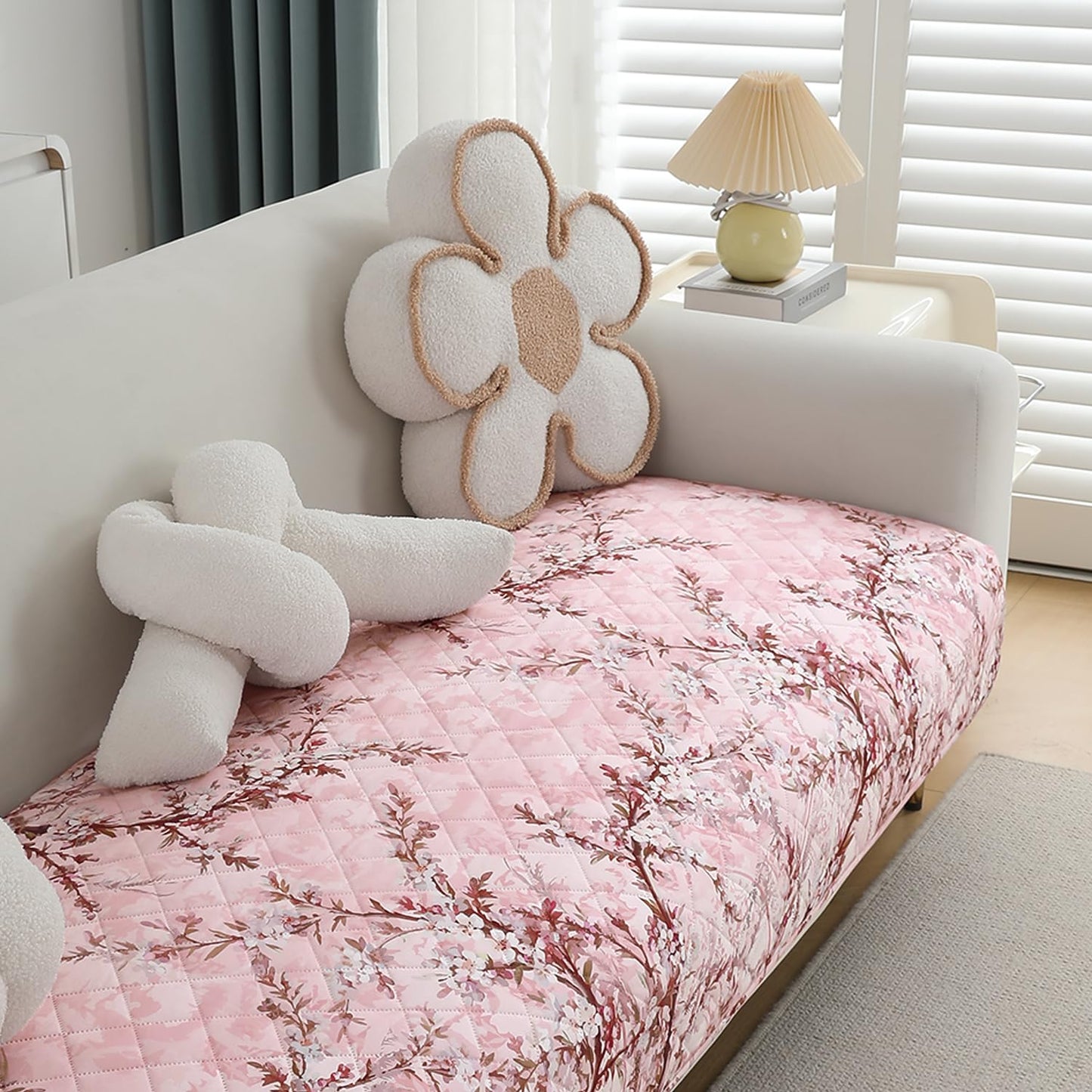 Quilted, Waterproof and Anti-Slip Sofa Cover Mat, Blossom Flower Pink