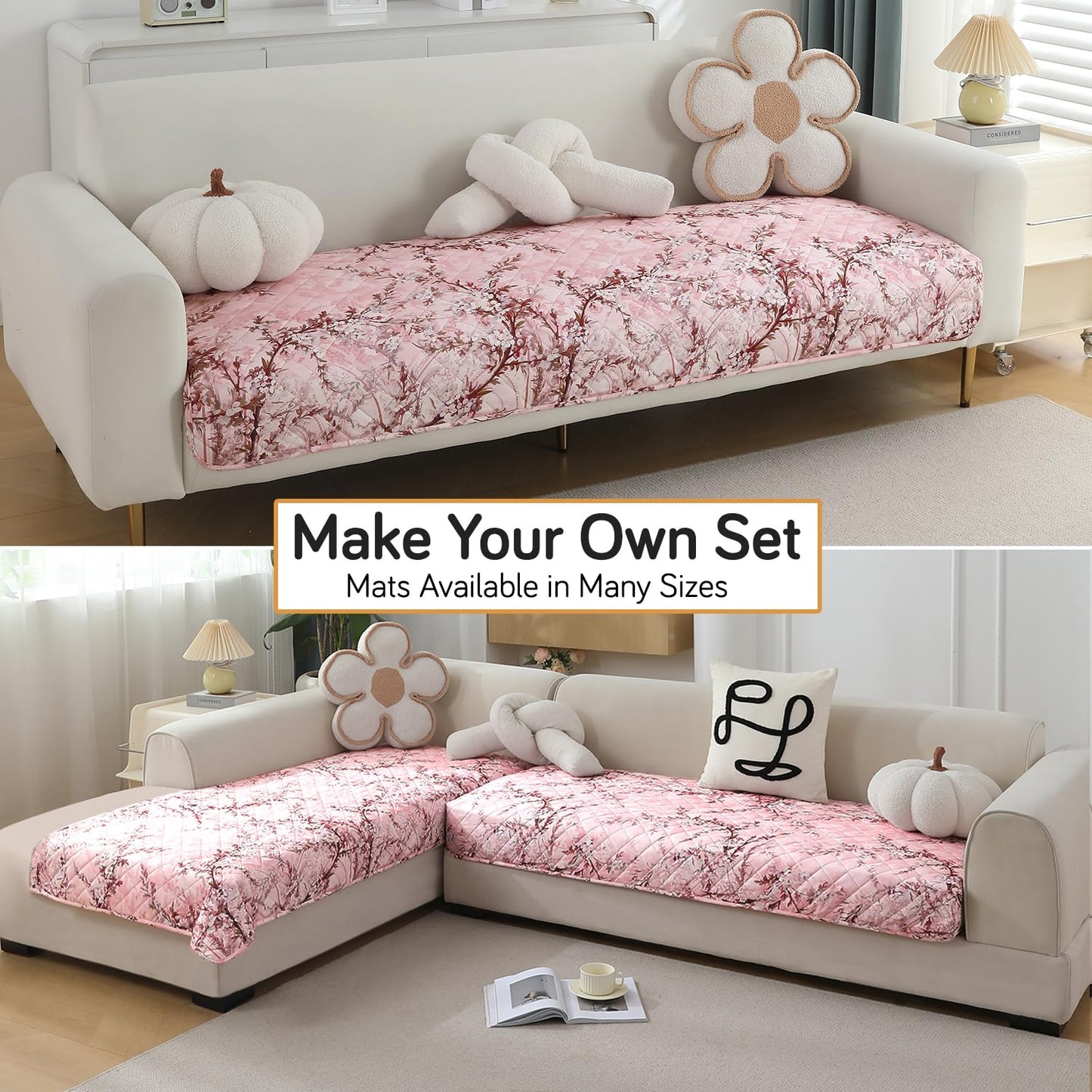 Quilted, Waterproof and Anti-Slip Sofa Cover Mat, Blossom Flower Pink