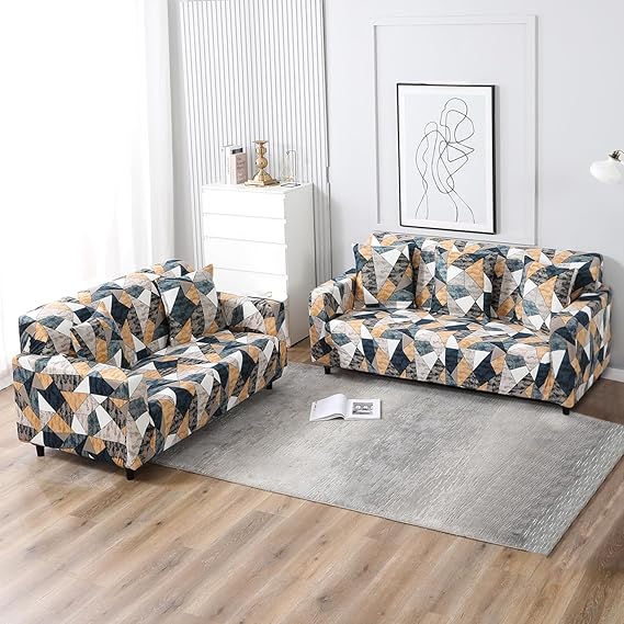 Elastic Stretchable Printed Sofa Cover, Multicolor Geometric Print