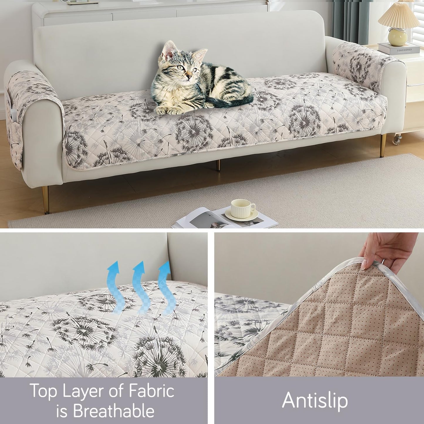 HOKIPO Quilted Waterproof Sofa Seat Mat with 2 Armrest Covers with Pockets, Dandelion Anchor Grey