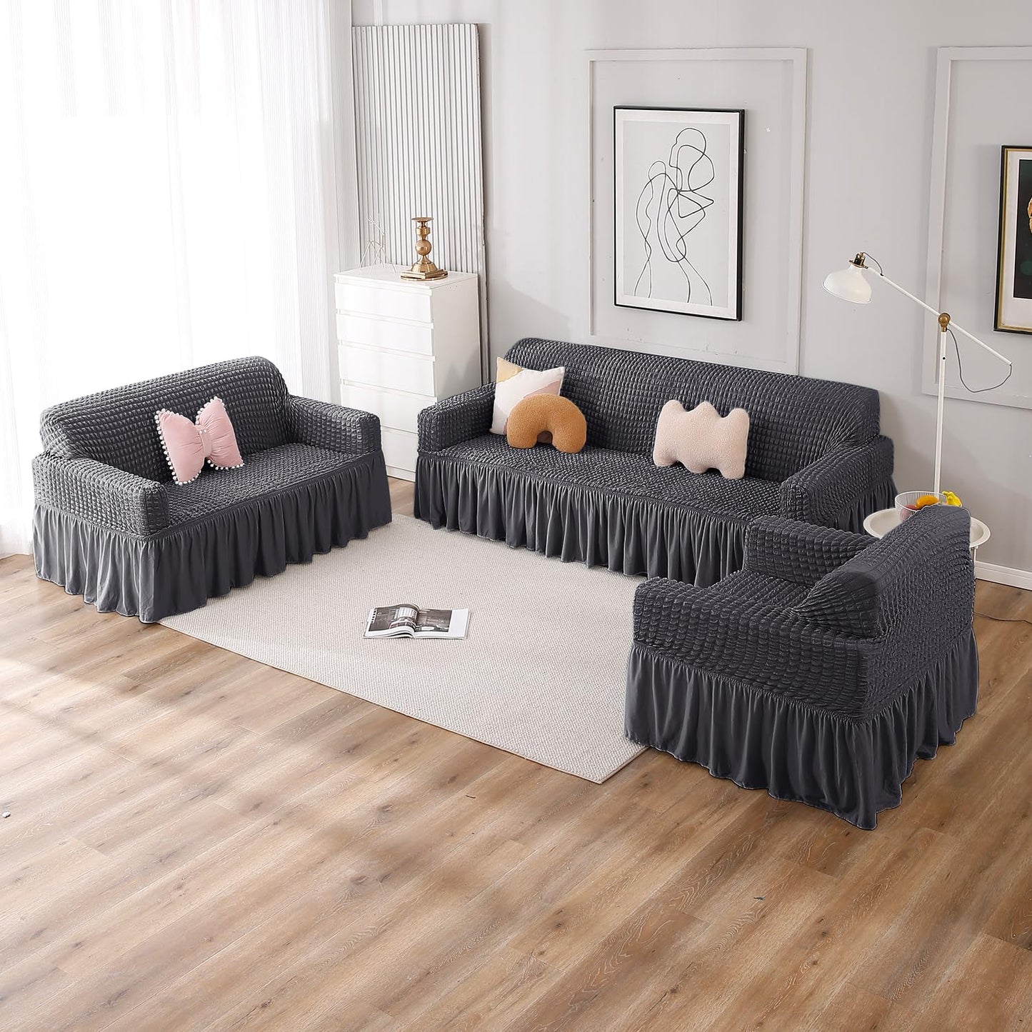 Anchor Grey Elastic stretchable Turkish Bubble frill sofa cover set available for 1, 2, 3, 4, 5, 6 & 7 seater sofas