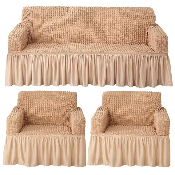 Beige Elastic Turkish Bubble Frill sofa cover for 3+1+1 seater sofa set
