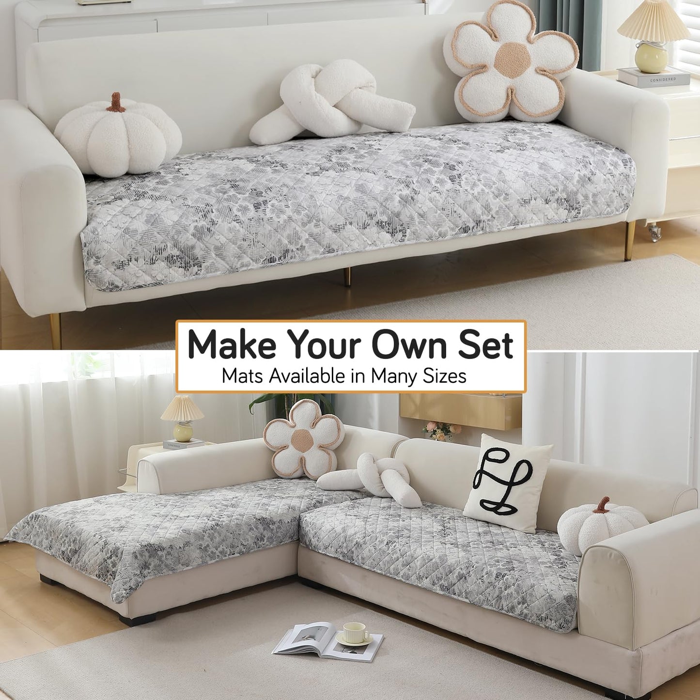 Quilted, Waterproof and Anti-Slip Sofa Cover Mat, Abstract Pale Grey