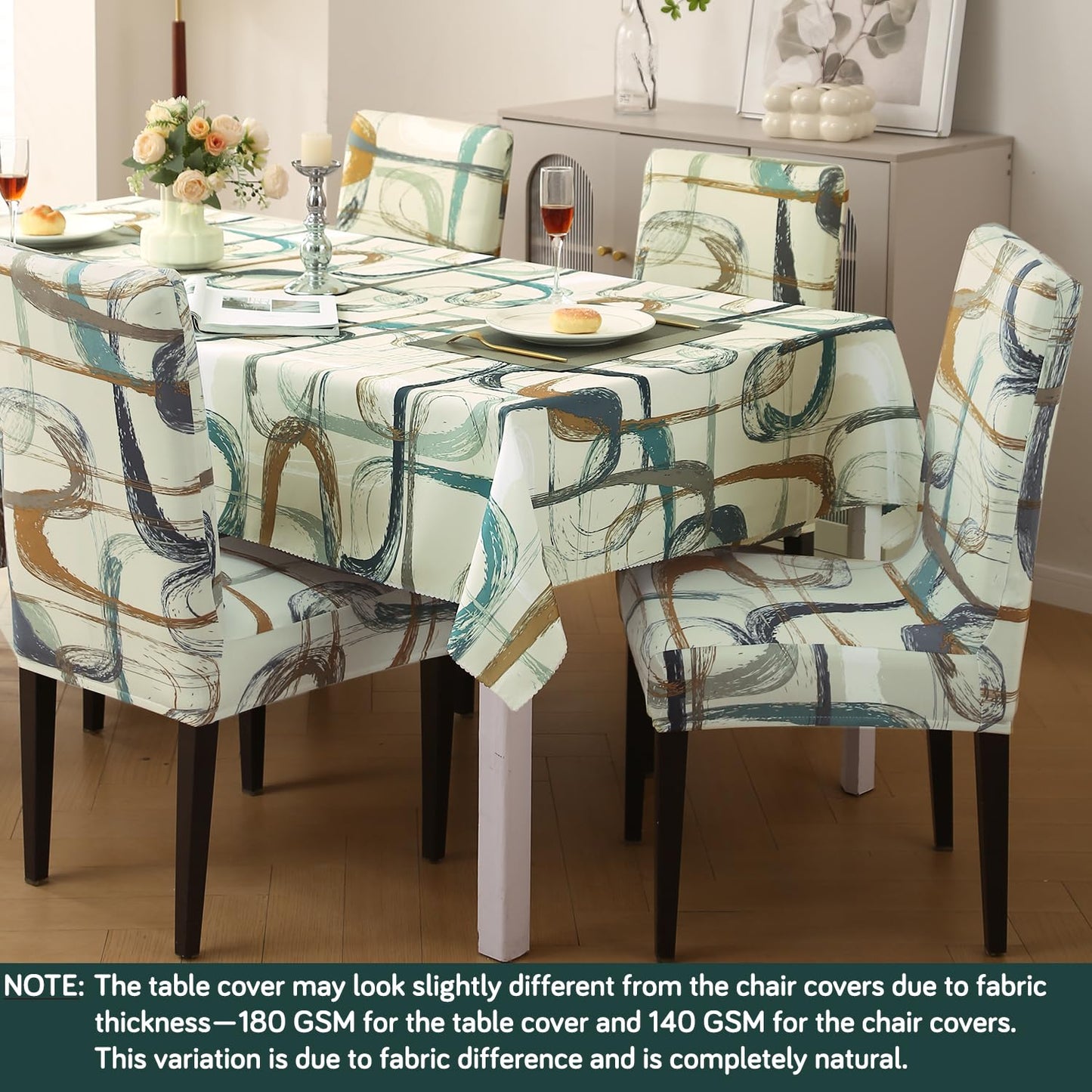 Elastic Dining Chair Covers with Matching Tablecloth, Parchement Beige Abstract Art