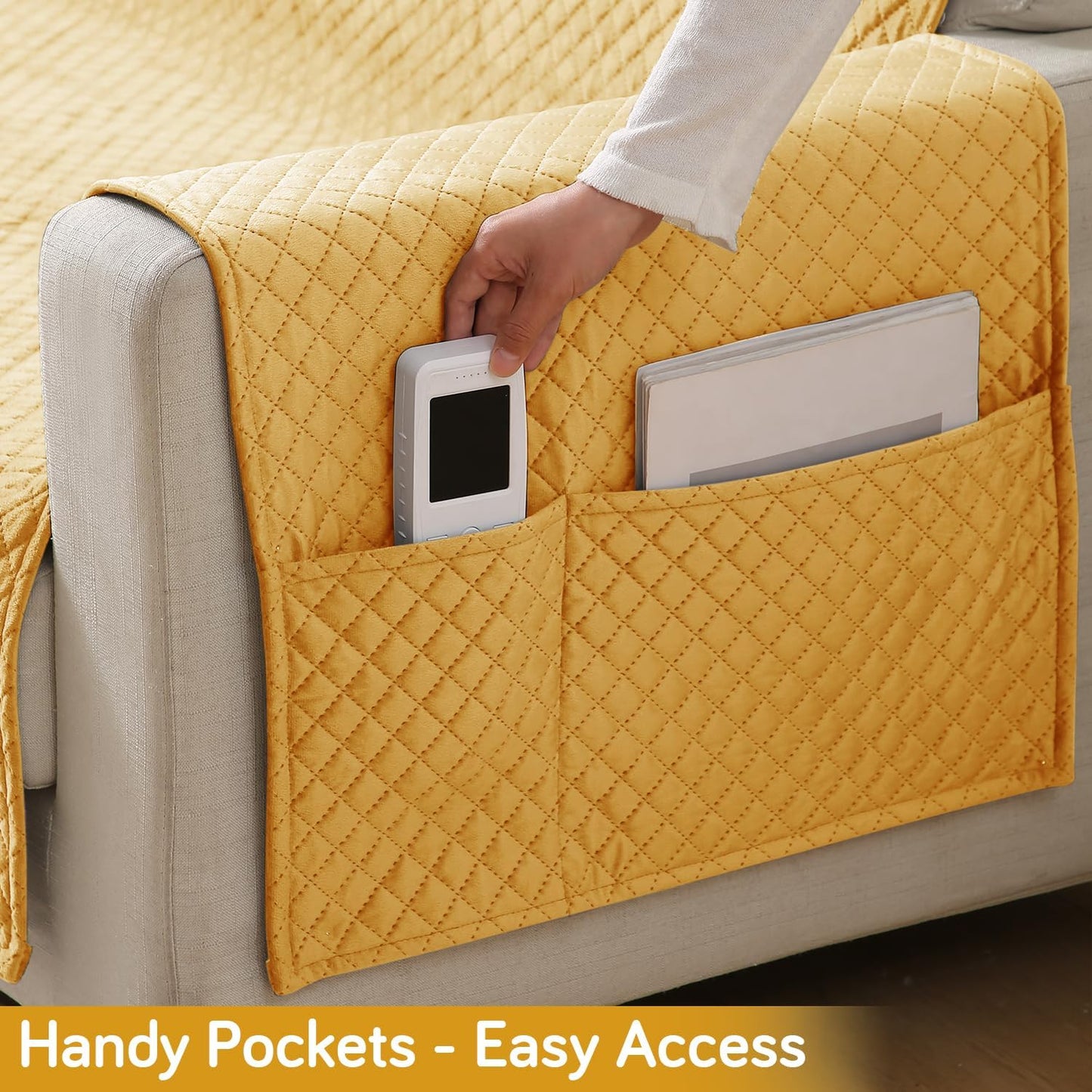 Quilted Velvet Sofa Cover Mat with Side Pockets, Pet Friendly, Mustard Yellow