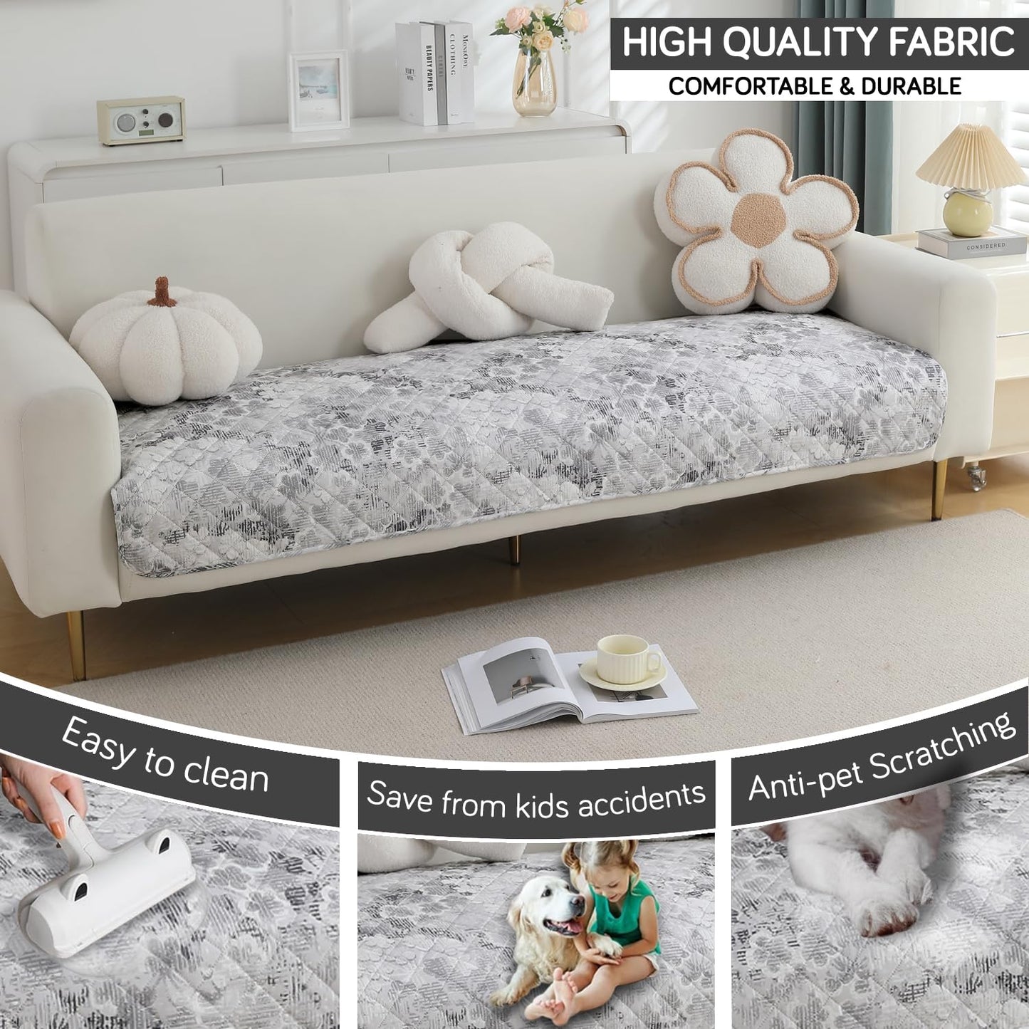 Quilted, Waterproof and Anti-Slip Sofa Cover Mat, Abstract Pale Grey