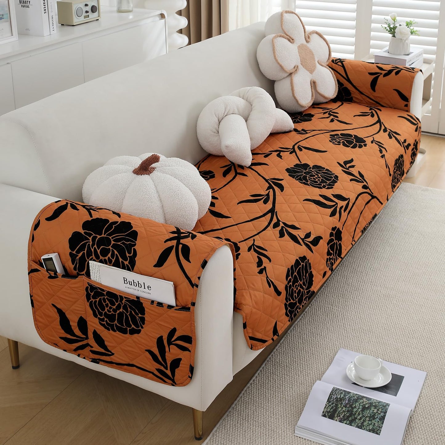 HOKIPO Waterproof Quilted Sofa Seat Mat for 1/2/3 Seater with 2 Armrest Covers with Pockets, Copper Brown Floral